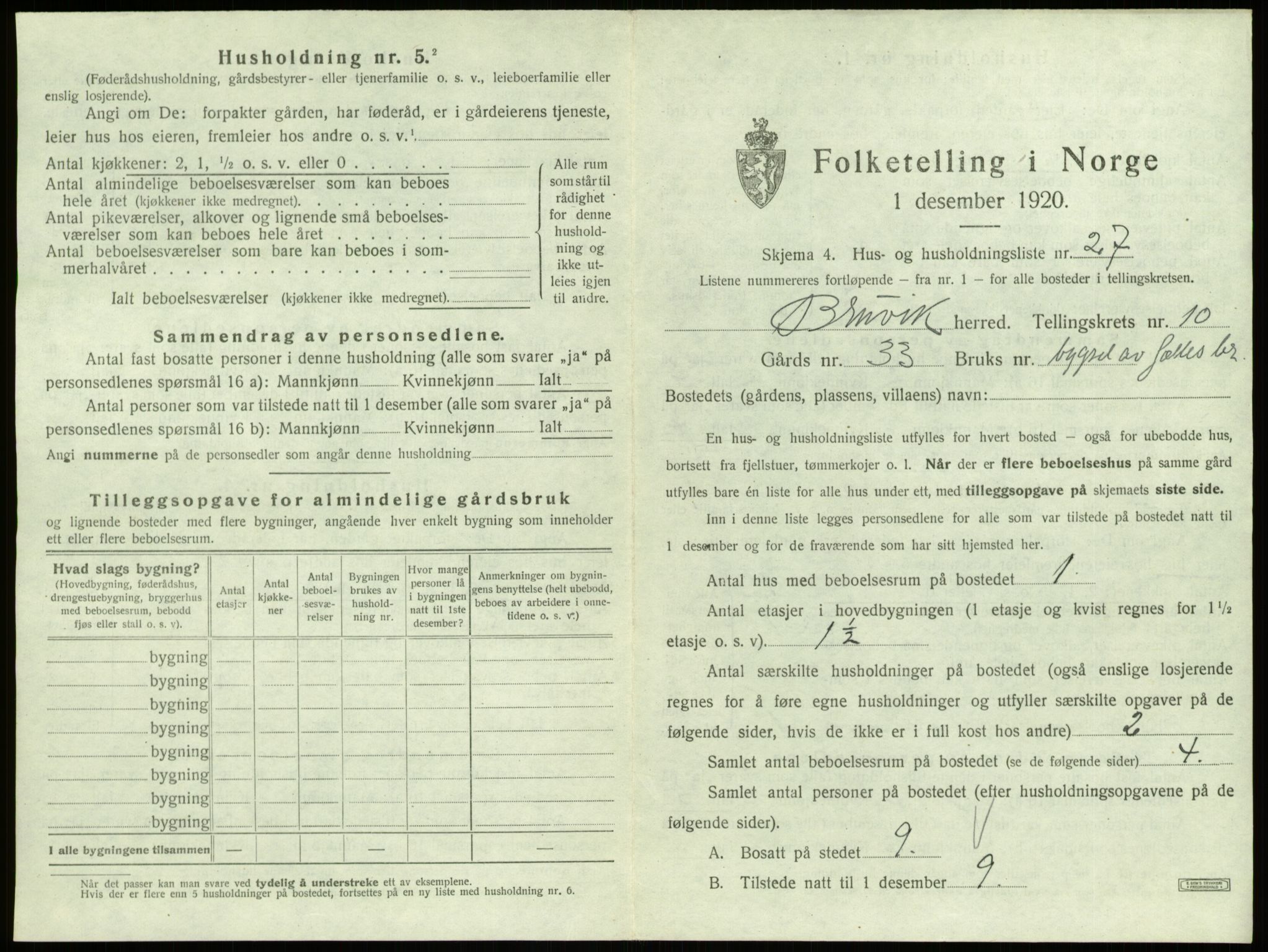 SAB, 1920 census for Bruvik, 1920, p. 816