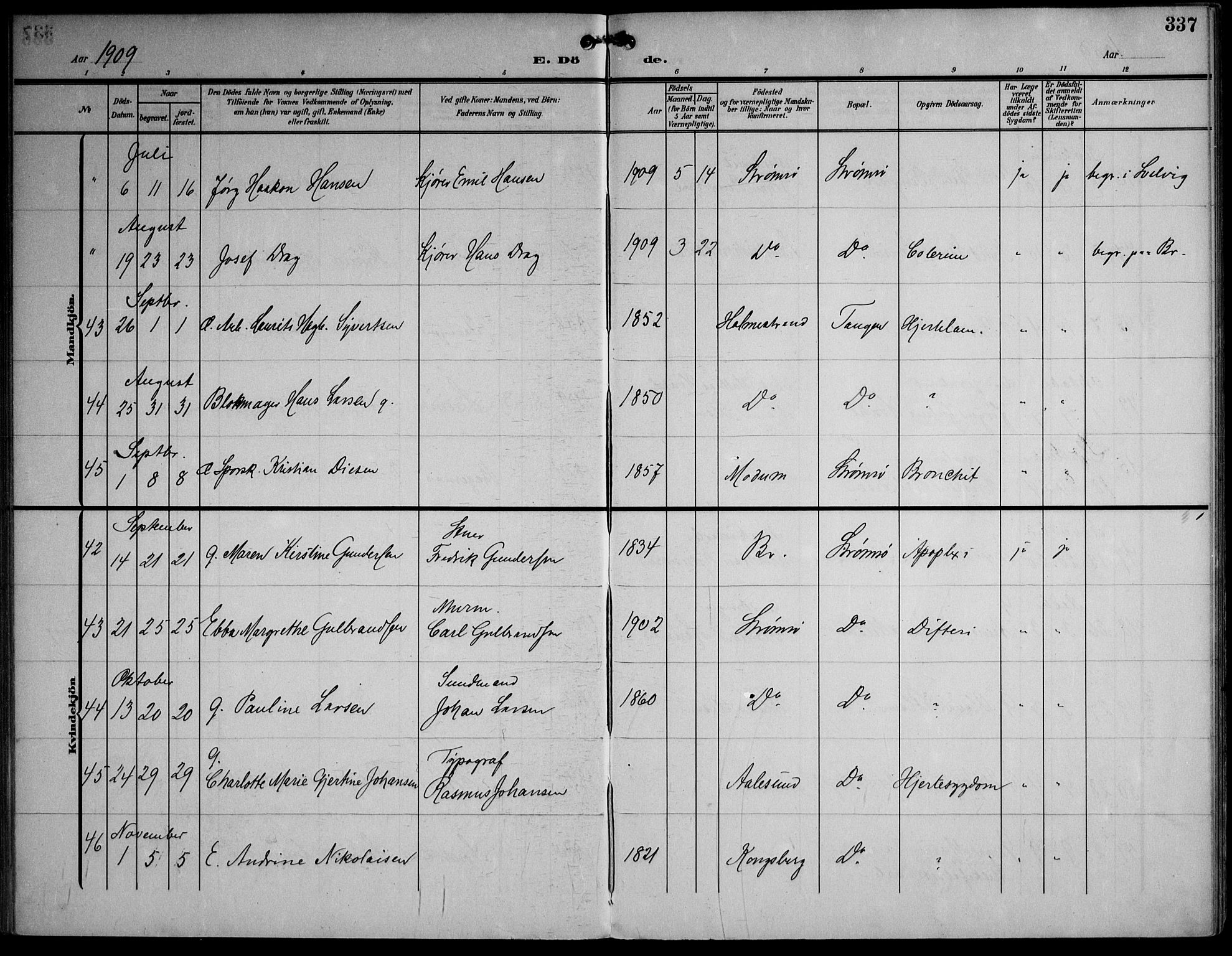 Strømsø kirkebøker, AV/SAKO-A-246/F/Fa/L0026: Parish register (official) no. I 26, 1905-1914, p. 337