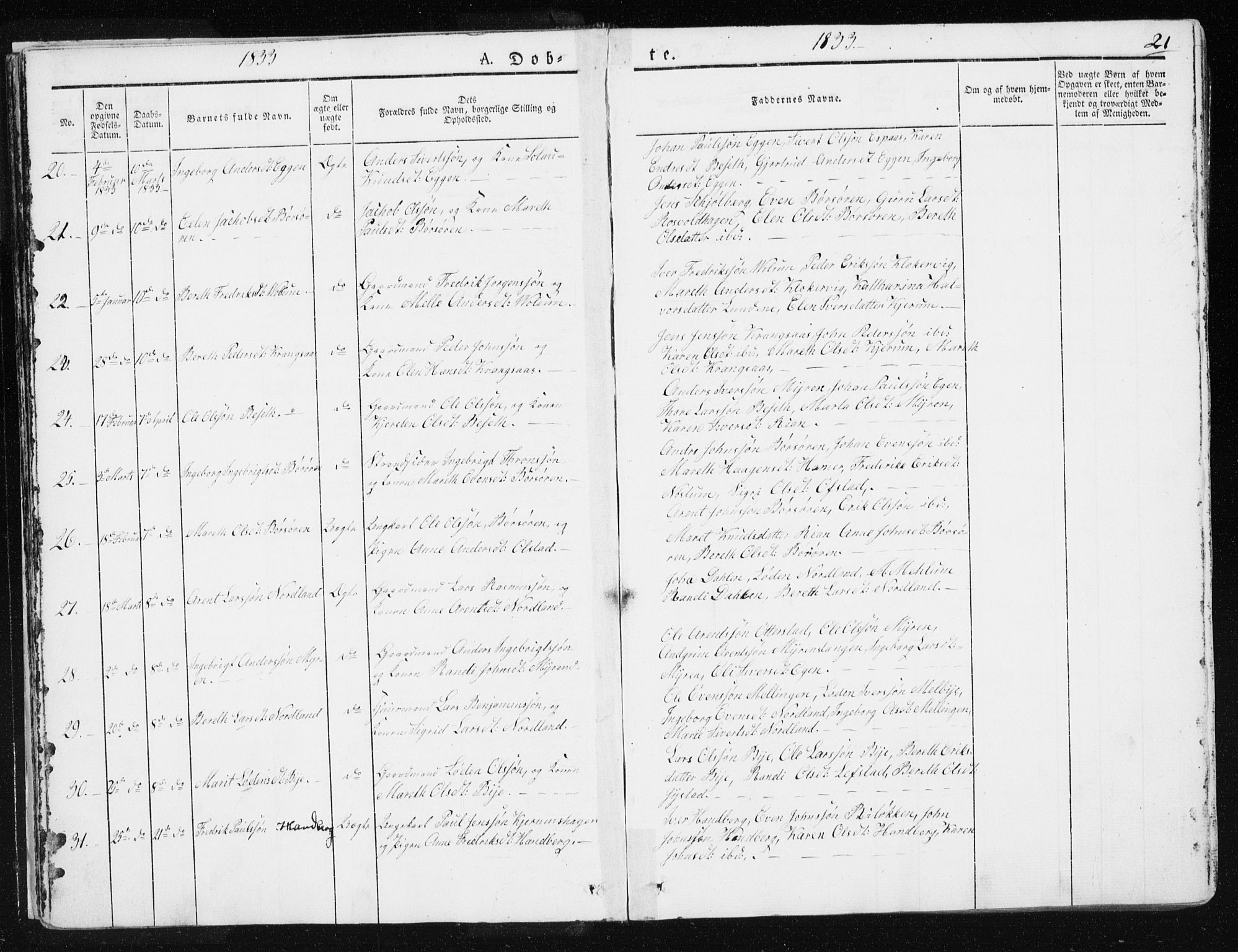 Ministerialprotokoller, klokkerbøker og fødselsregistre - Sør-Trøndelag, AV/SAT-A-1456/665/L0771: Parish register (official) no. 665A06, 1830-1856, p. 21