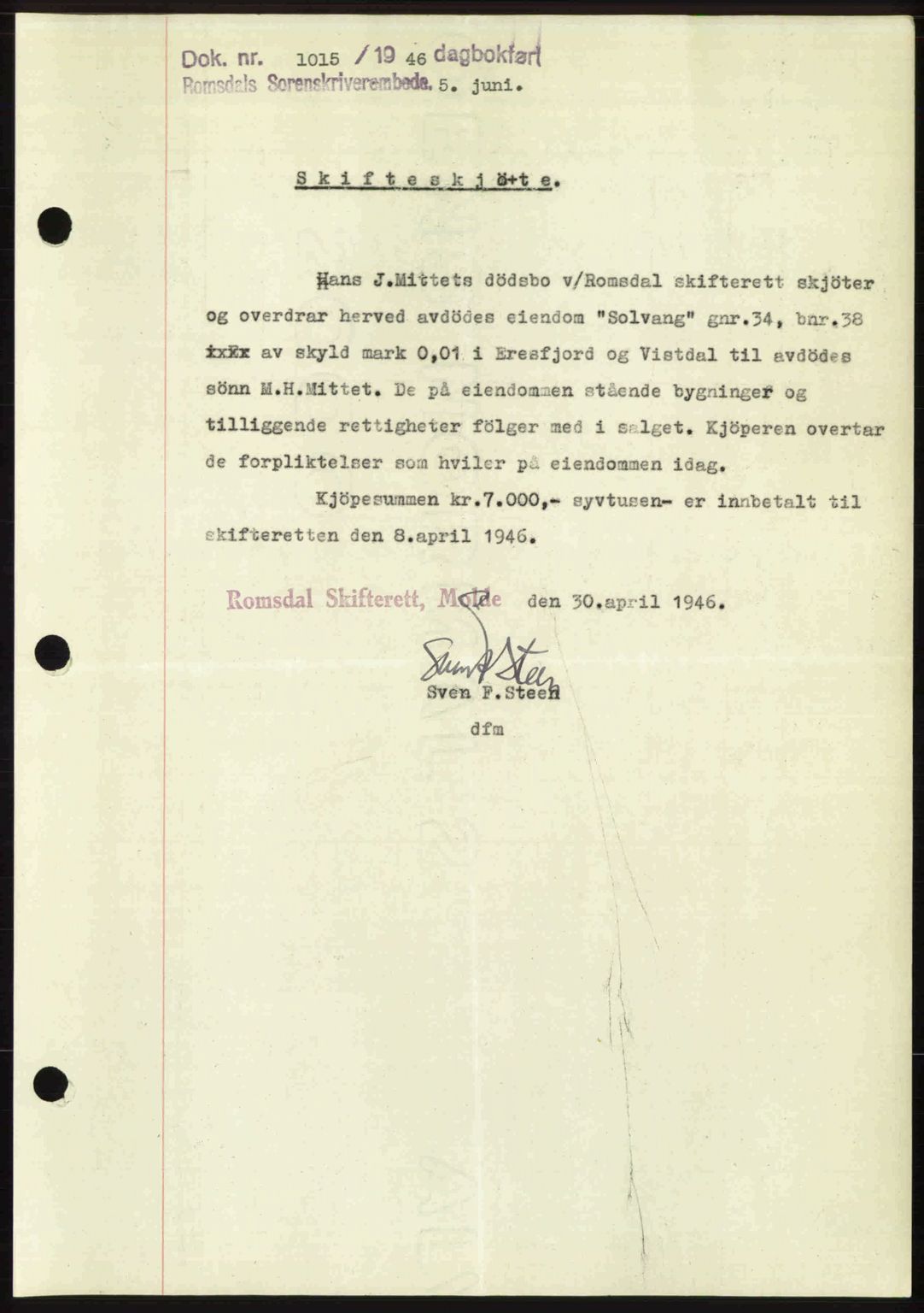 Romsdal sorenskriveri, AV/SAT-A-4149/1/2/2C: Mortgage book no. A20, 1946-1946, Diary no: : 1015/1946