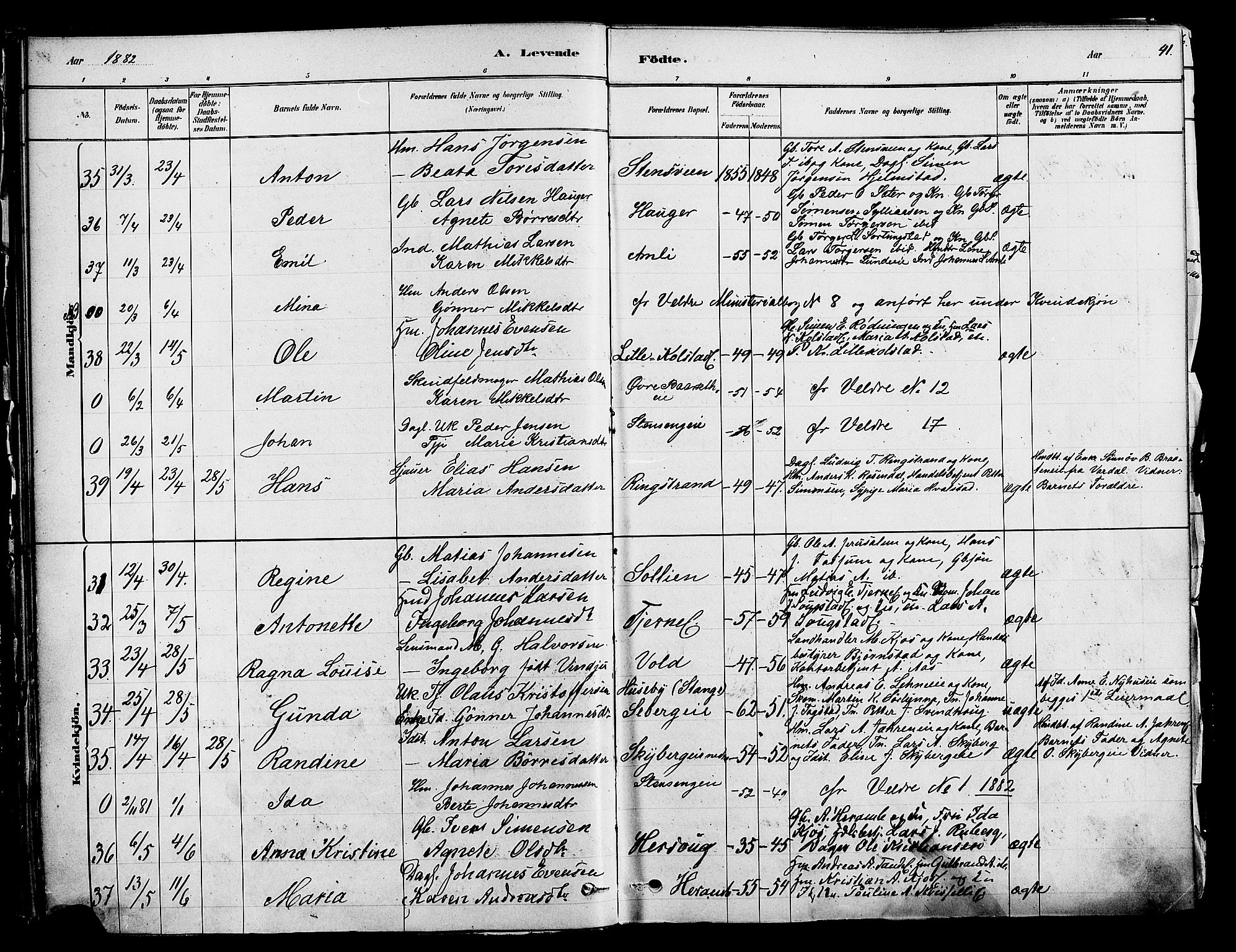 Ringsaker prestekontor, AV/SAH-PREST-014/K/Ka/L0012: Parish register (official) no. 12, 1879-1890, p. 41