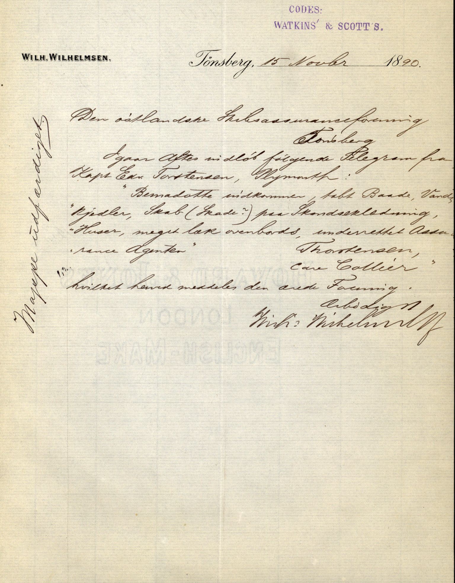 Pa 63 - Østlandske skibsassuranceforening, VEMU/A-1079/G/Ga/L0026/0008: Havaridokumenter / Bernadotte, Bardeu, Augustinus, Atlanta, Arne, 1890, p. 2