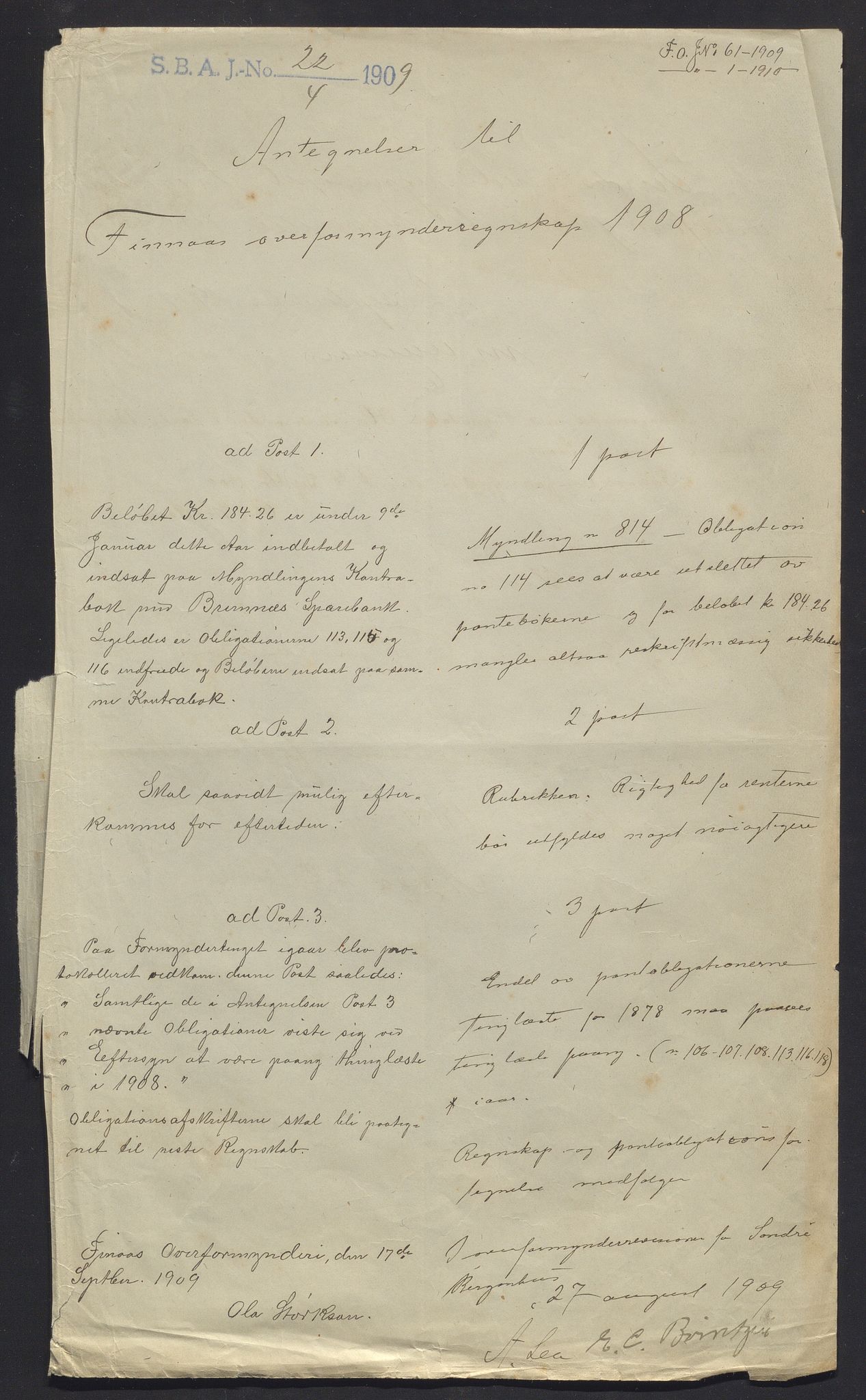 Finnaas kommune. Overformynderiet, IKAH/1218a-812/R/Ra/Raa/L0008/0002: Årlege rekneskap m/vedlegg / Årlege rekneskap m/vedlegg, 1908