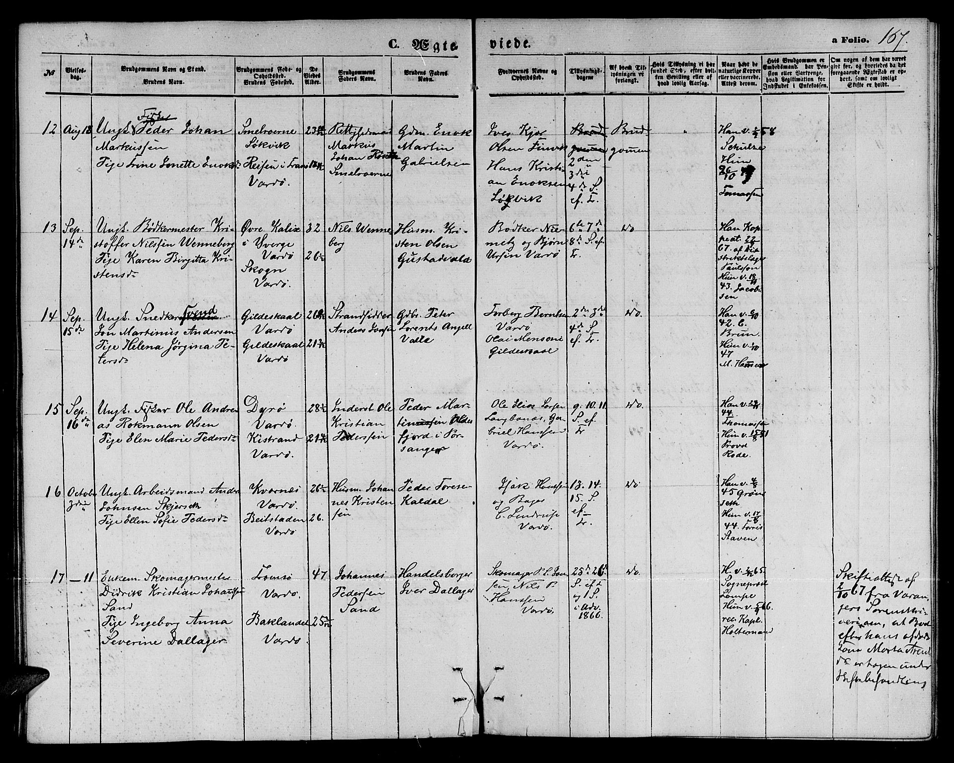 Vardø sokneprestkontor, AV/SATØ-S-1332/H/Hb/L0002klokker: Parish register (copy) no. 2, 1861-1870, p. 167