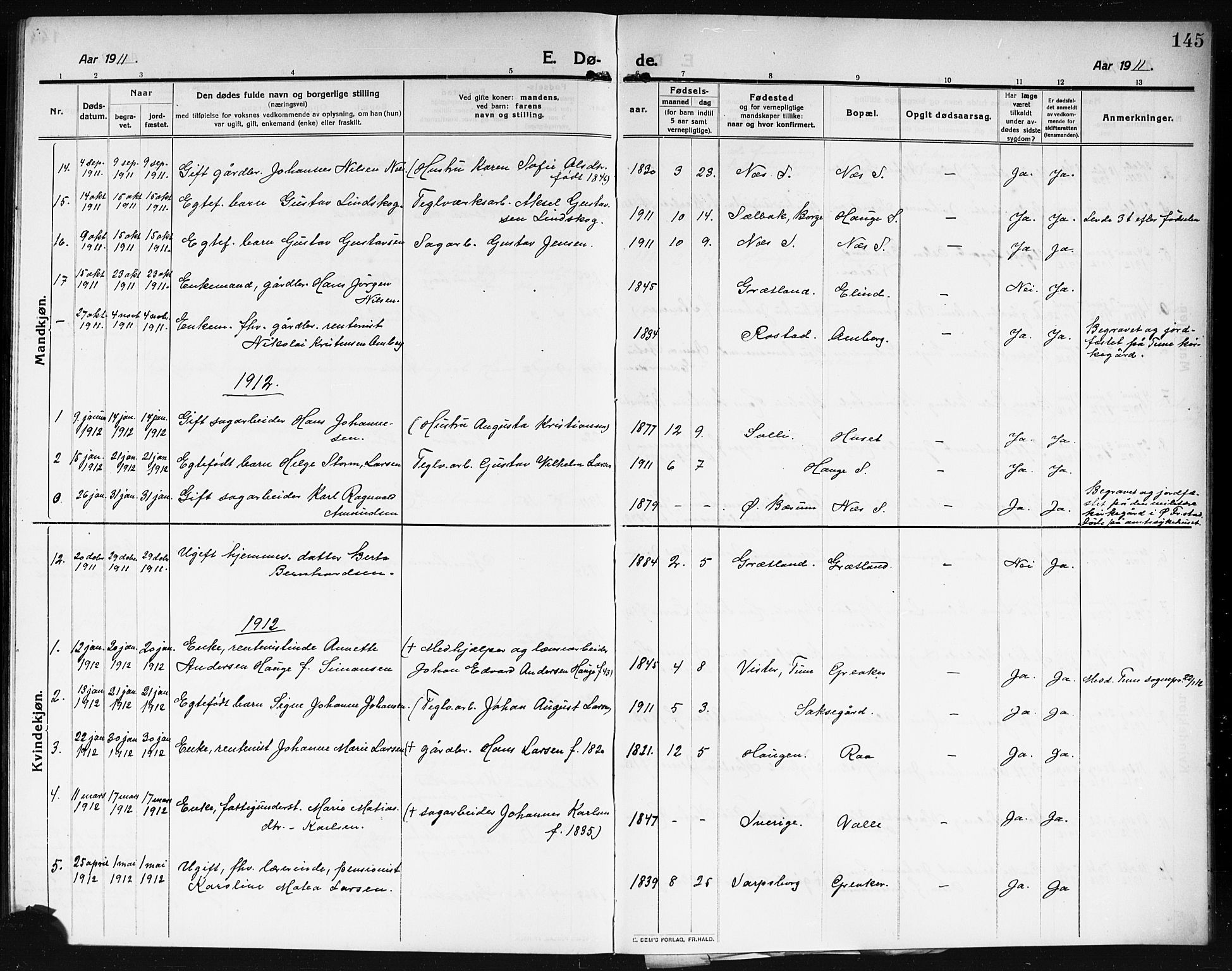 Rolvsøy prestekontor Kirkebøker, AV/SAO-A-2004/G/Ga/L0001: Parish register (copy) no. 1, 1911-1920, p. 145