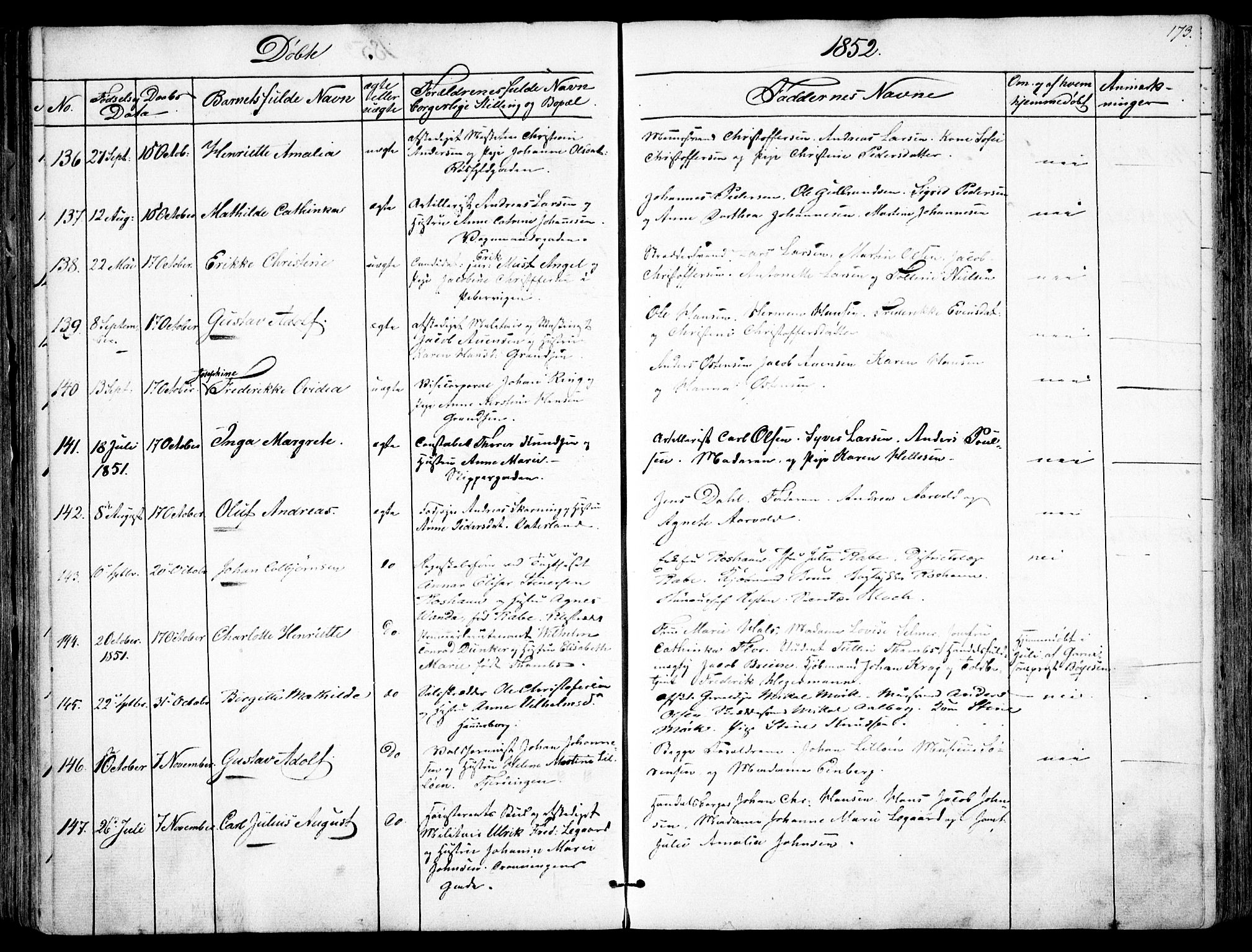 Garnisonsmenigheten Kirkebøker, AV/SAO-A-10846/F/Fa/L0008: Parish register (official) no. 8, 1842-1859, p. 173