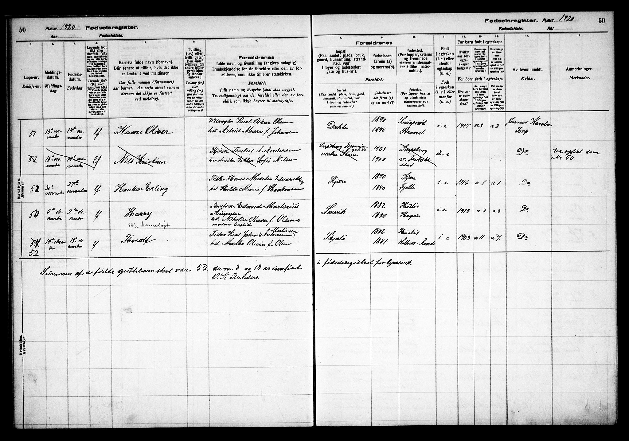 Onsøy prestekontor Kirkebøker, SAO/A-10914/J/Ja/L0001: Birth register no. I 1, 1916-1937, p. 50