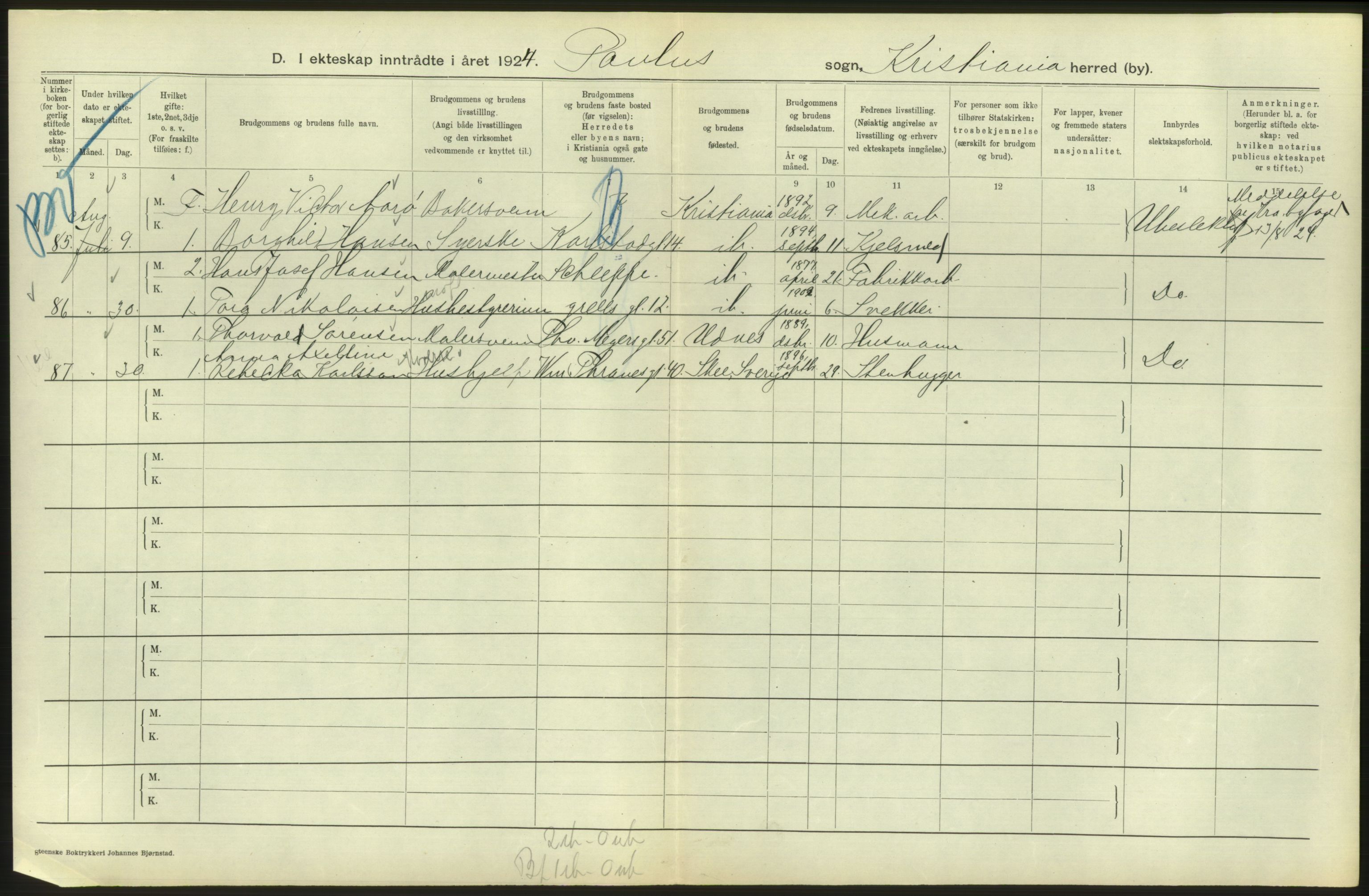Statistisk sentralbyrå, Sosiodemografiske emner, Befolkning, AV/RA-S-2228/D/Df/Dfc/Dfcd/L0007: Kristiania: Gifte, 1924, p. 380