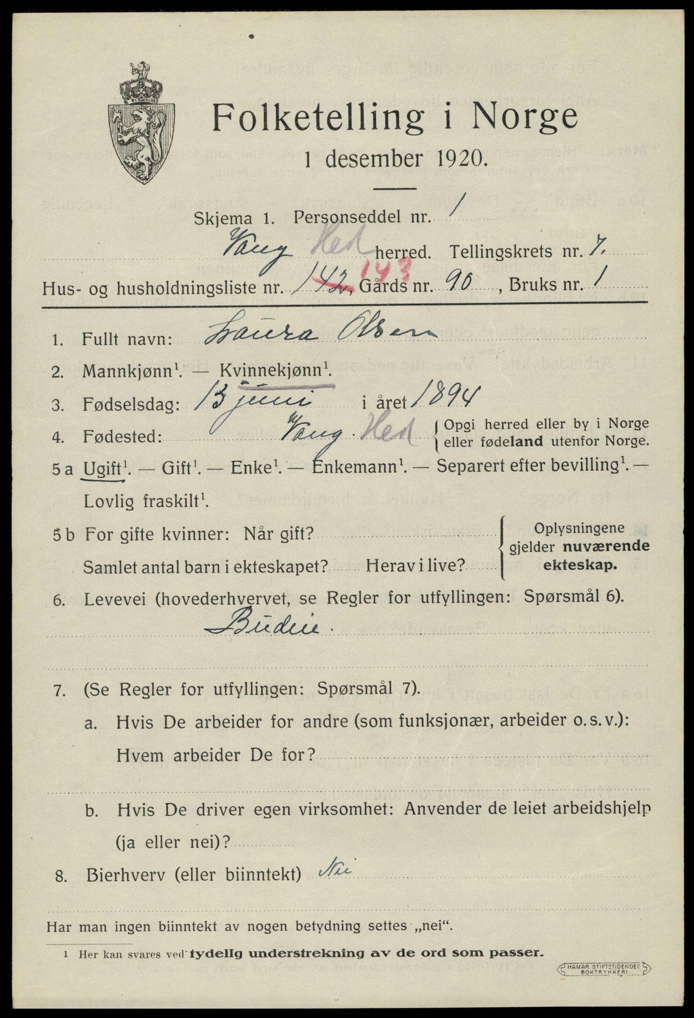 SAH, 1920 census for Vang (Hedmark), 1920, p. 17437