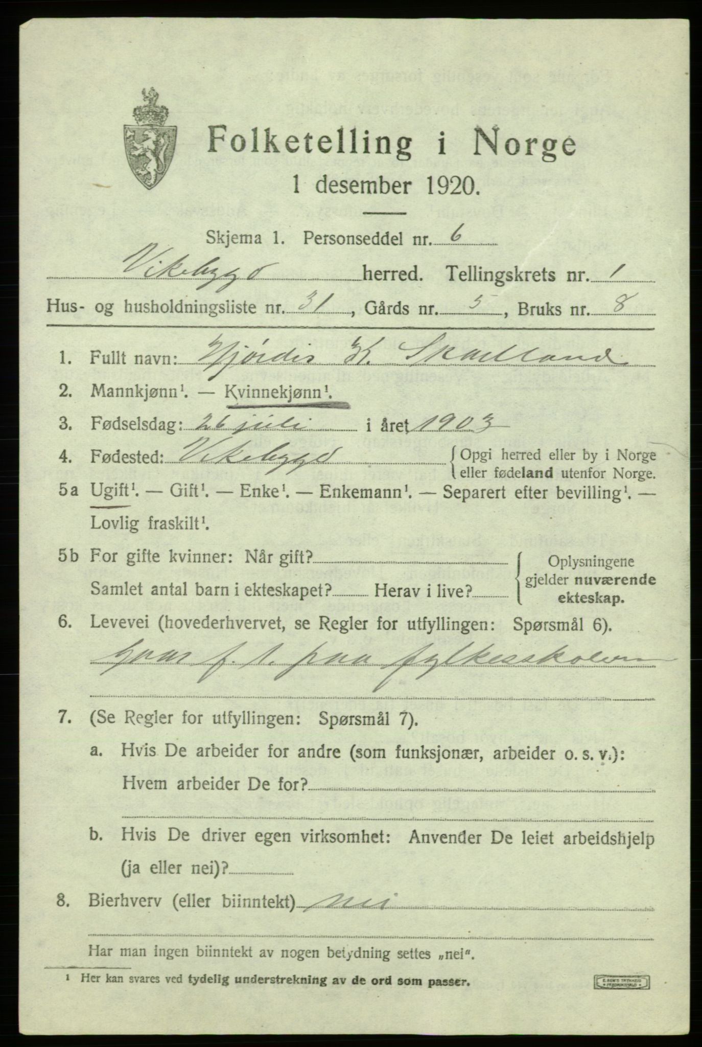 SAB, 1920 census for Vikebygd, 1920, p. 817