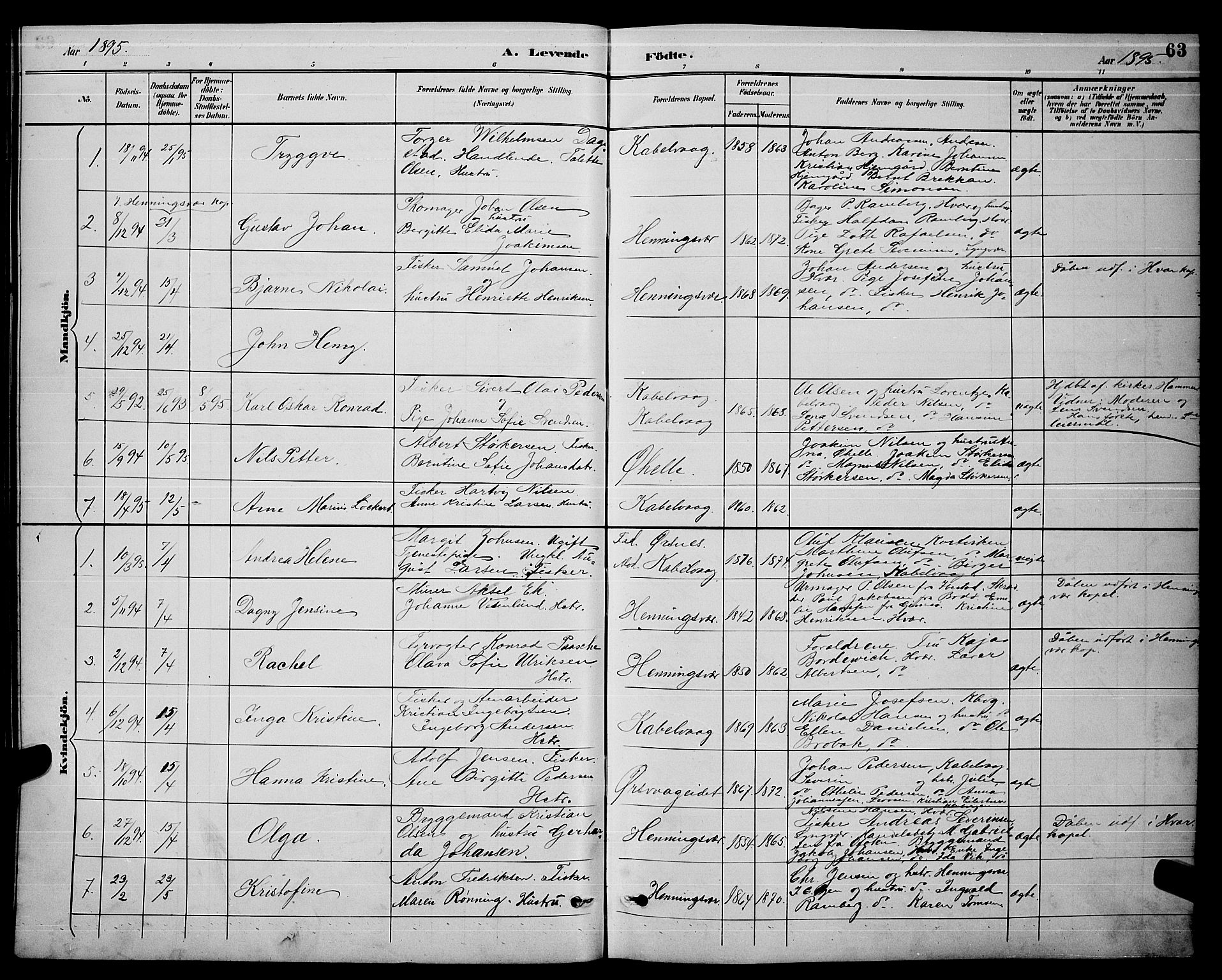 Ministerialprotokoller, klokkerbøker og fødselsregistre - Nordland, AV/SAT-A-1459/874/L1077: Parish register (copy) no. 874C06, 1891-1900, p. 63