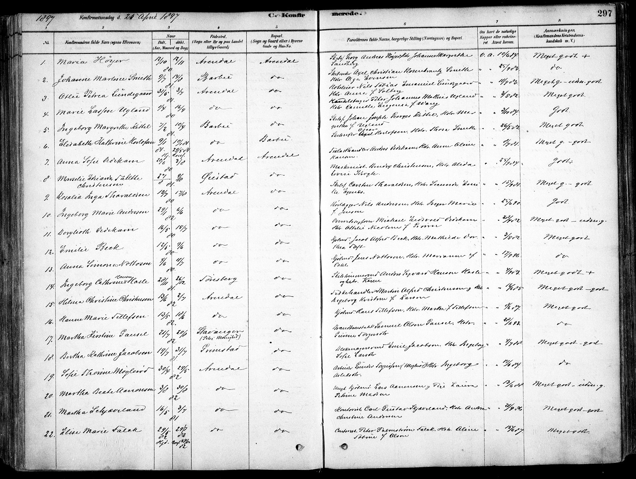 Arendal sokneprestkontor, Trefoldighet, AV/SAK-1111-0040/F/Fa/L0008: Parish register (official) no. A 8, 1878-1899, p. 297