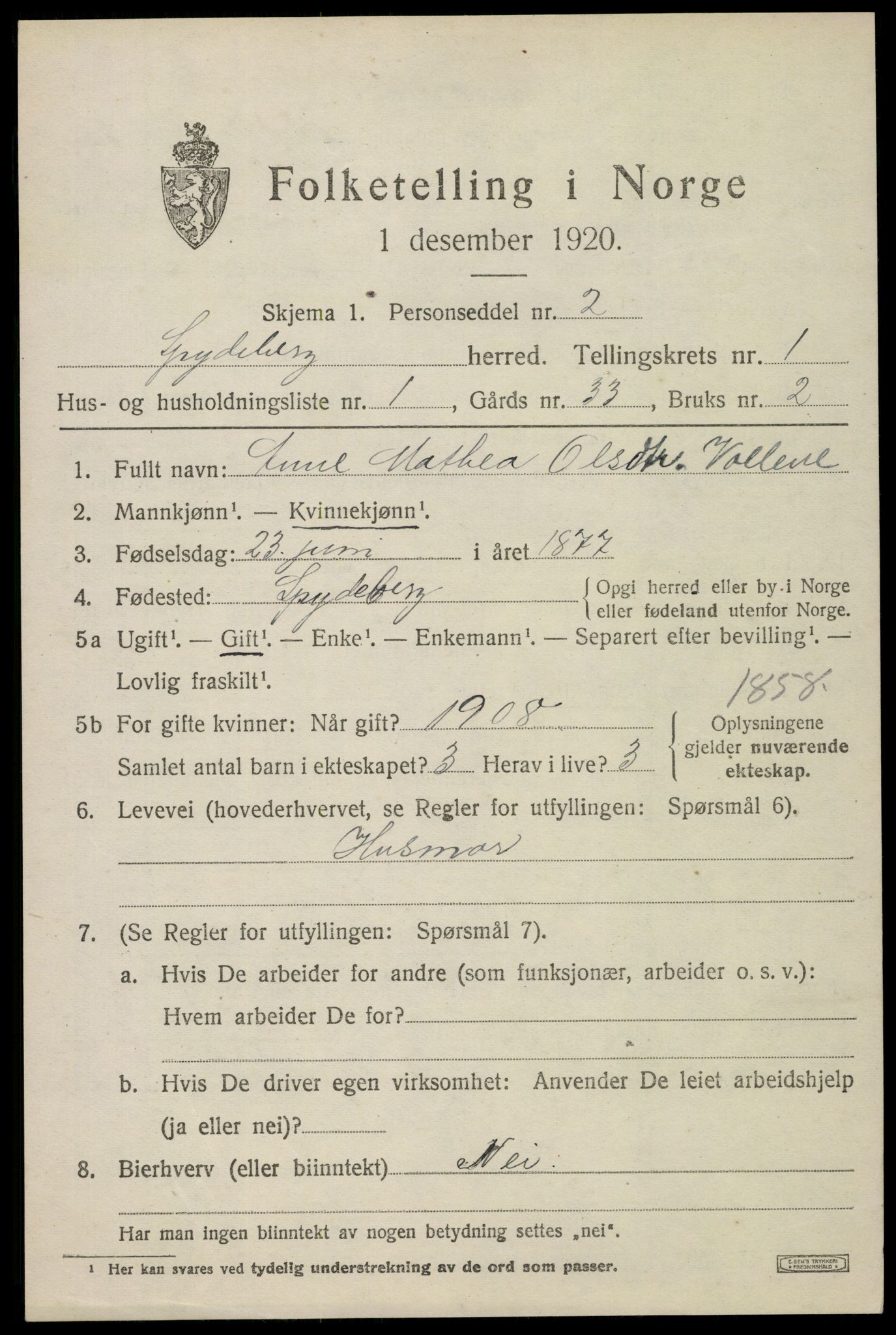 SAO, 1920 census for Spydeberg, 1920, p. 1039