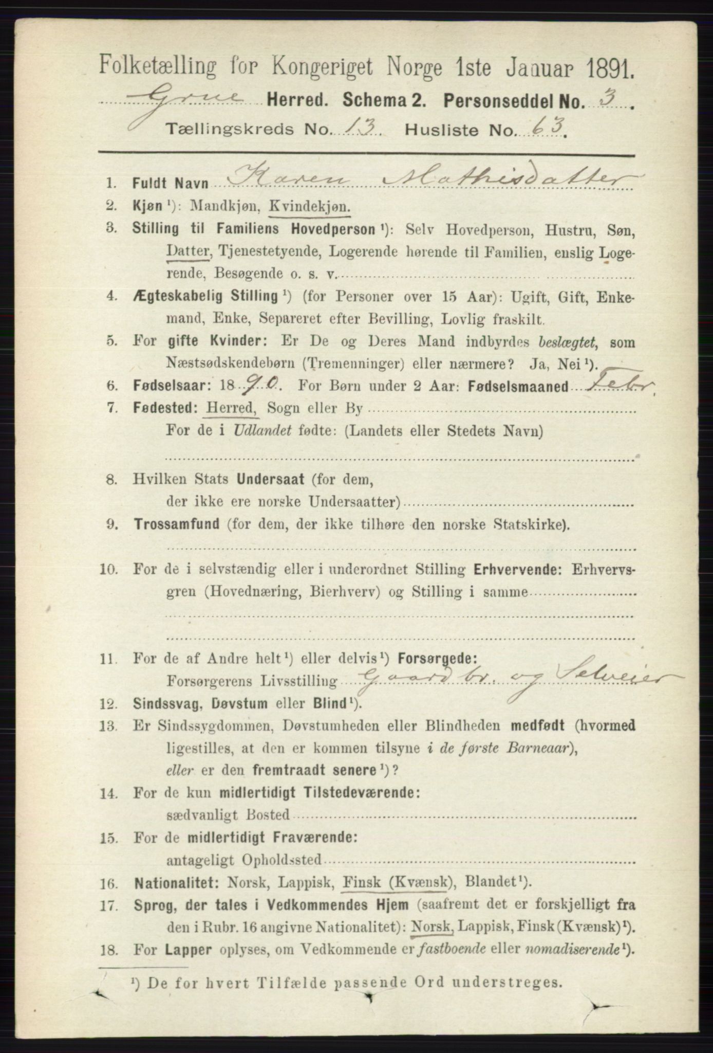 RA, 1891 census for 0423 Grue, 1891, p. 6978