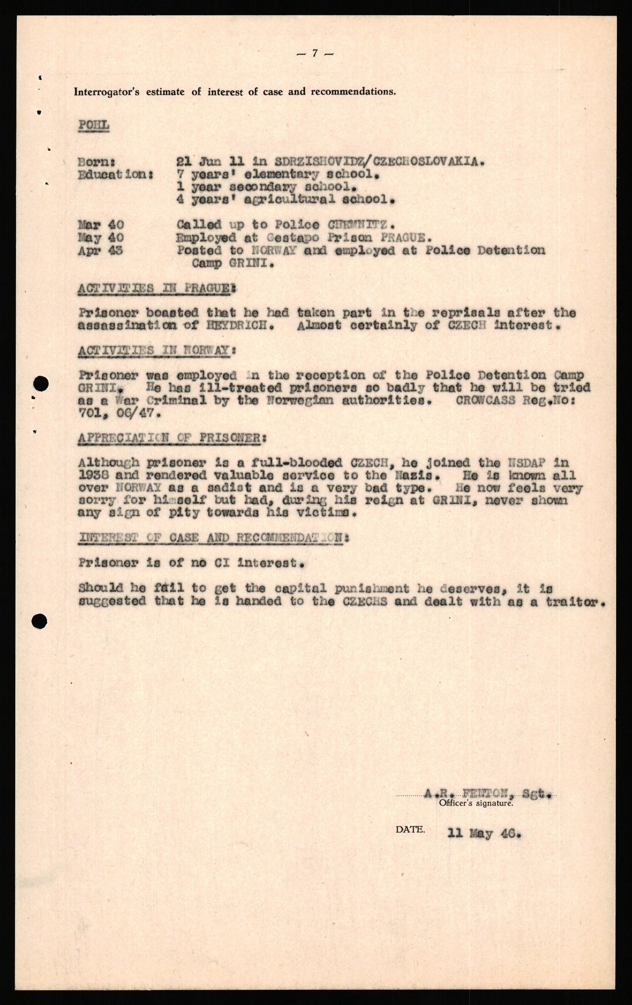 Forsvaret, Forsvarets overkommando II, RA/RAFA-3915/D/Db/L0041: CI Questionaires.  Diverse nasjonaliteter., 1945-1946, p. 350