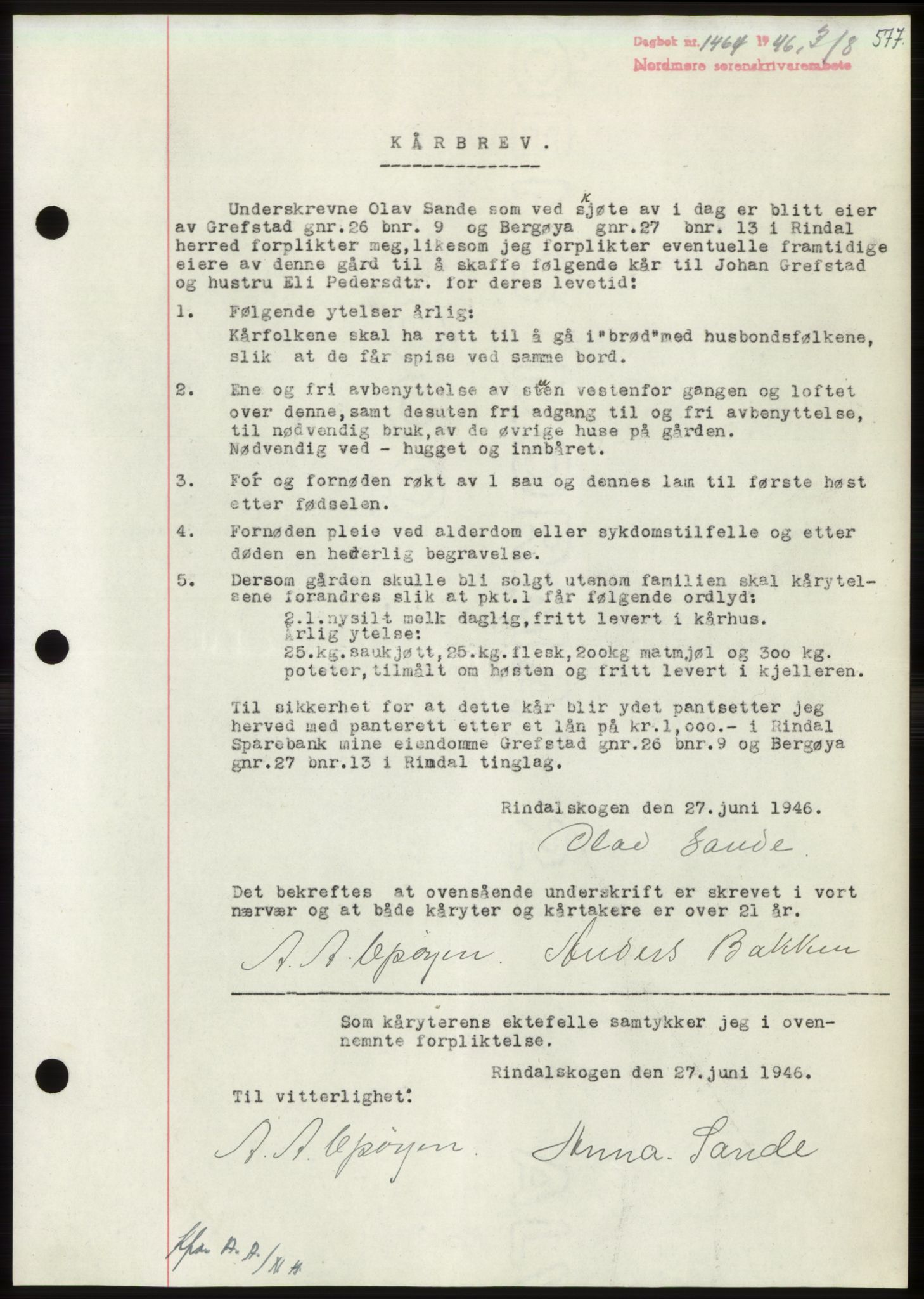 Nordmøre sorenskriveri, AV/SAT-A-4132/1/2/2Ca: Mortgage book no. B94, 1946-1946, Diary no: : 1464/1946