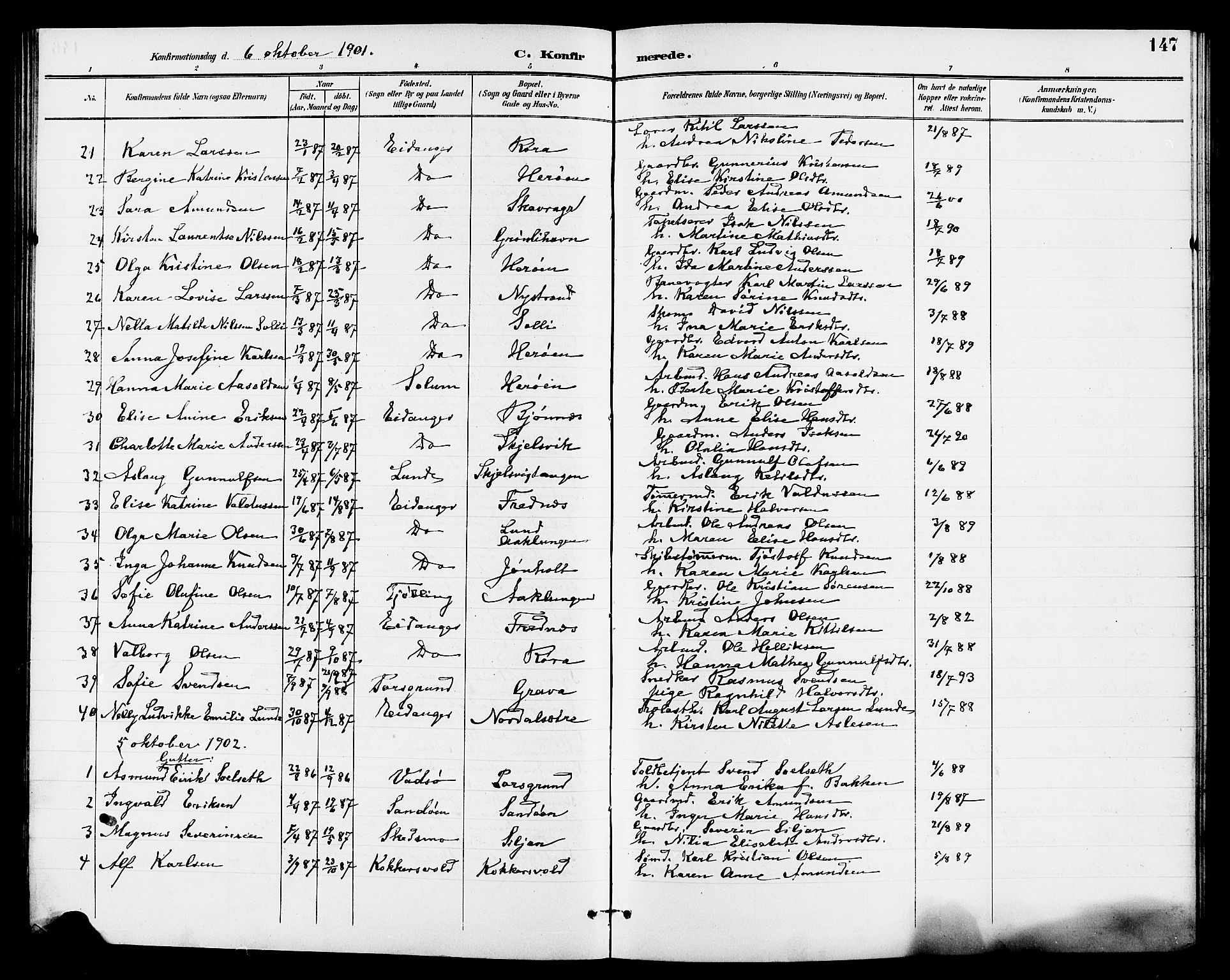 Eidanger kirkebøker, AV/SAKO-A-261/G/Ga/L0003: Parish register (copy) no. 3, 1893-1911, p. 147