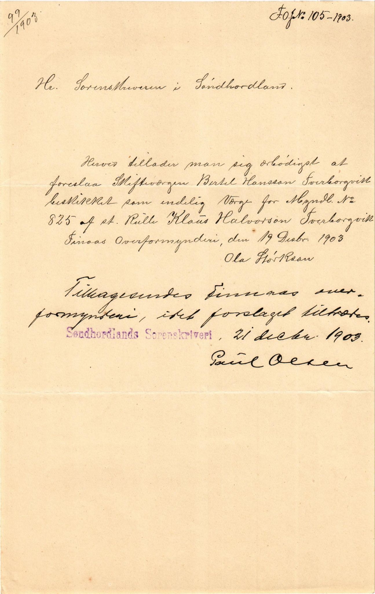 Finnaas kommune. Overformynderiet, IKAH/1218a-812/D/Da/Daa/L0002/0002: Kronologisk ordna korrespondanse / Kronologisk ordna korrespondanse, 1901-1904, p. 153