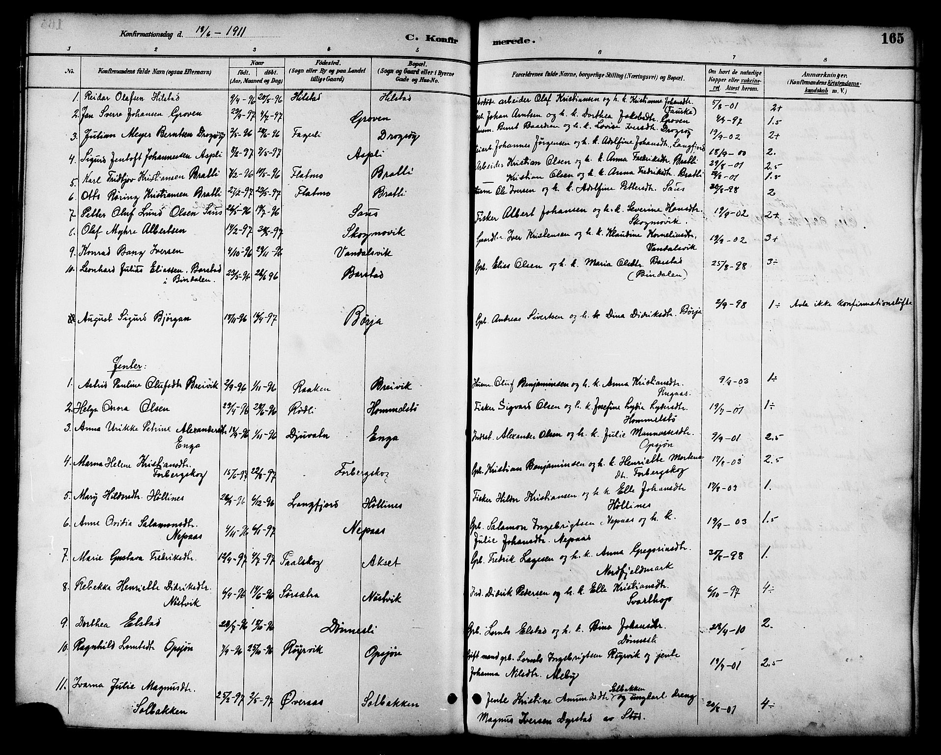 Ministerialprotokoller, klokkerbøker og fødselsregistre - Nordland, AV/SAT-A-1459/814/L0230: Parish register (copy) no. 814C03, 1884-1911, p. 165