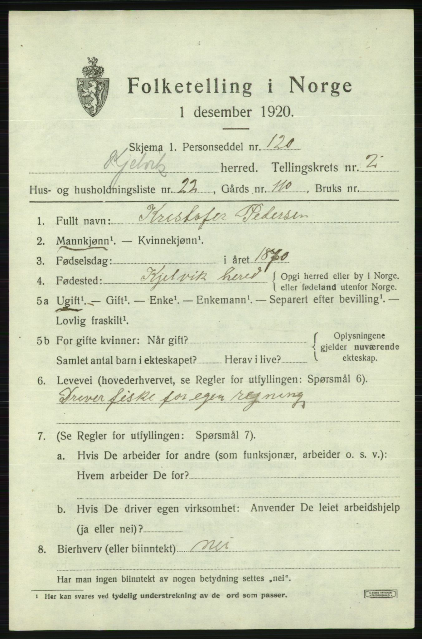 SATØ, 1920 census for Kjelvik, 1920, p. 1625