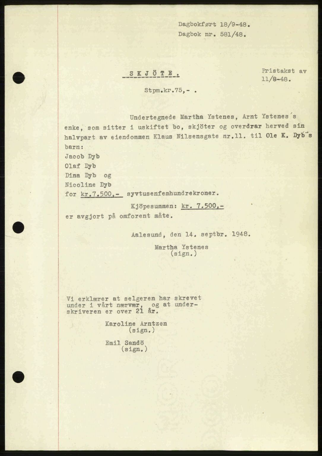 Ålesund byfogd, AV/SAT-A-4384: Mortgage book no. 37A (1), 1947-1949, Diary no: : 581/1948