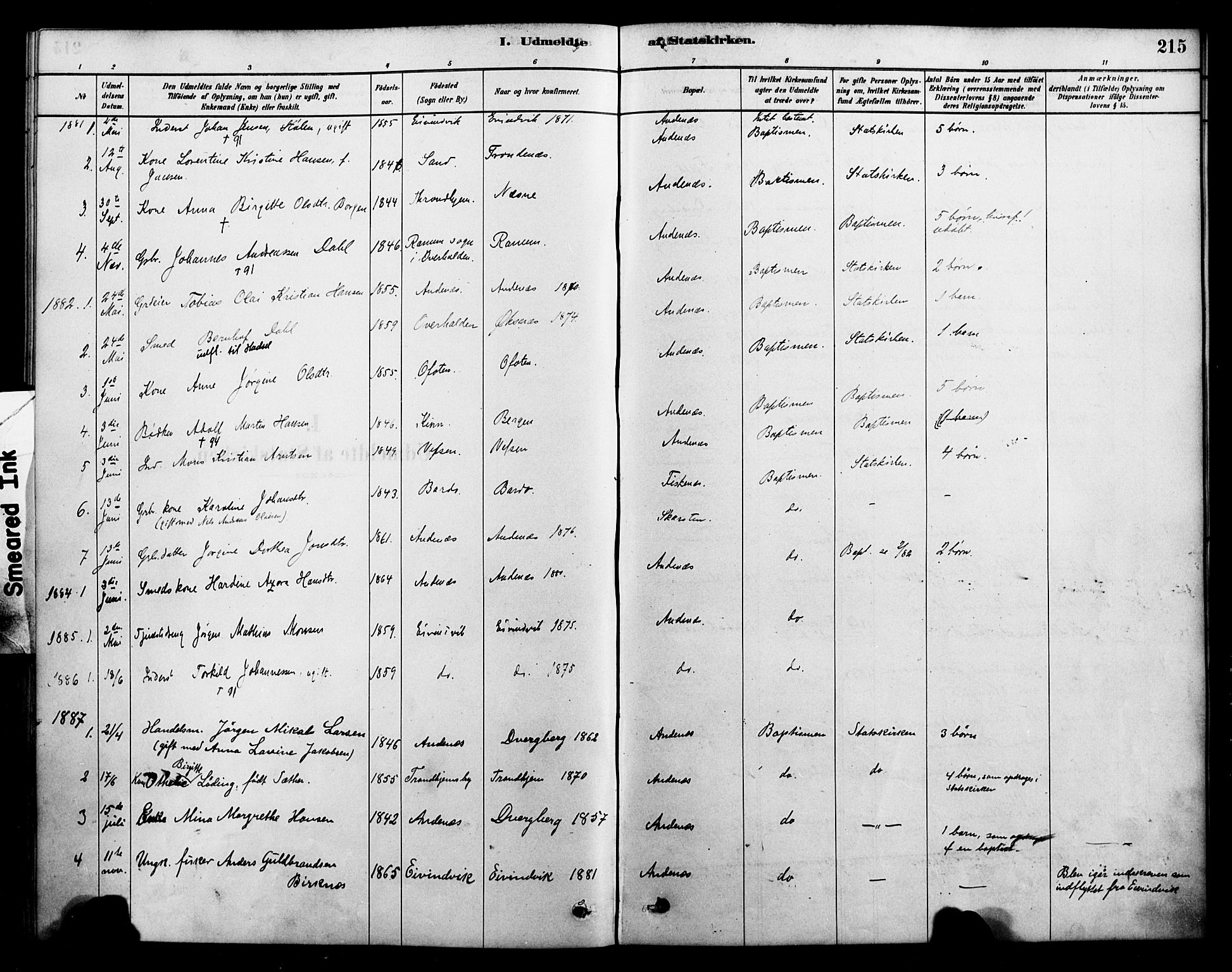 Ministerialprotokoller, klokkerbøker og fødselsregistre - Nordland, SAT/A-1459/899/L1436: Parish register (official) no. 899A04, 1881-1896, p. 215