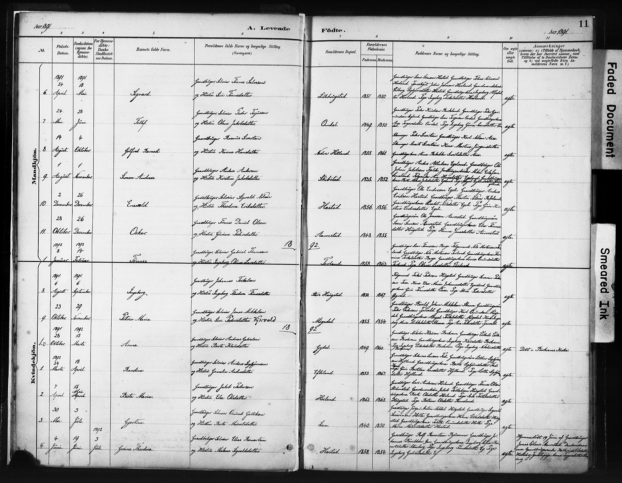Helleland sokneprestkontor, AV/SAST-A-101810/S05/L0011: Parish register (official) no. A 8, 1887-1907, p. 11