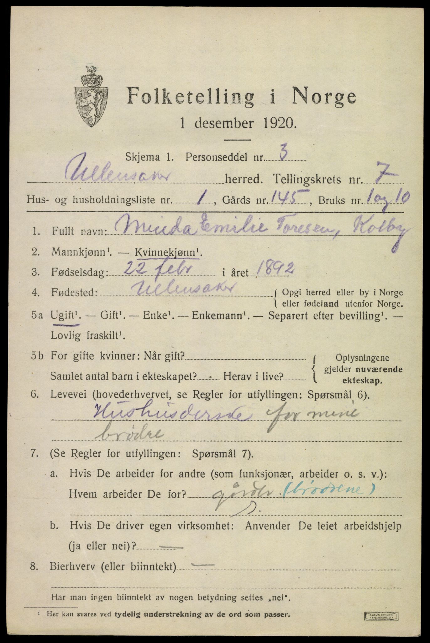 SAO, 1920 census for Ullensaker, 1920, p. 12877