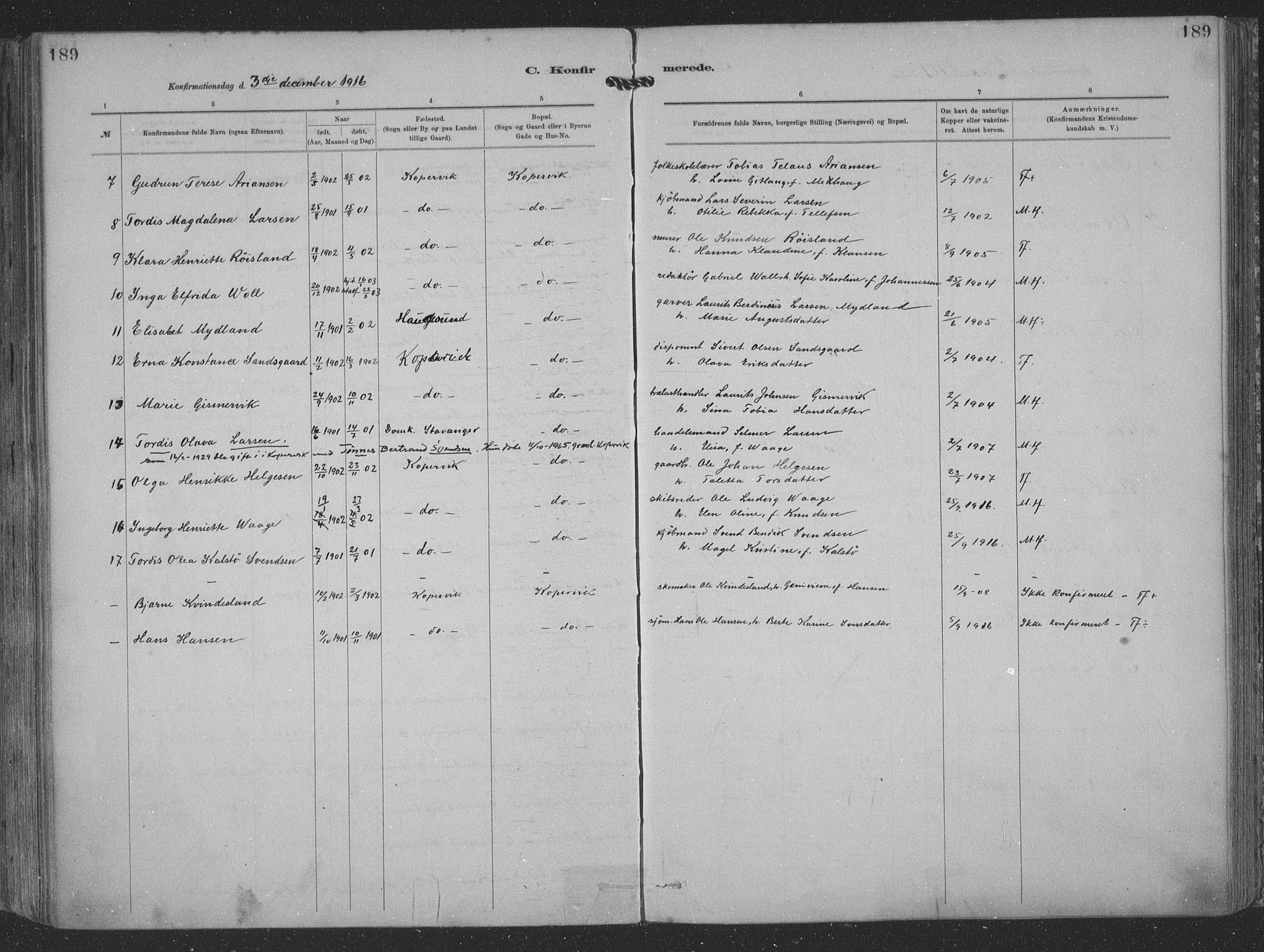 Kopervik sokneprestkontor, AV/SAST-A-101850/H/Ha/Haa/L0001: Parish register (official) no. A 1, 1880-1919, p. 189