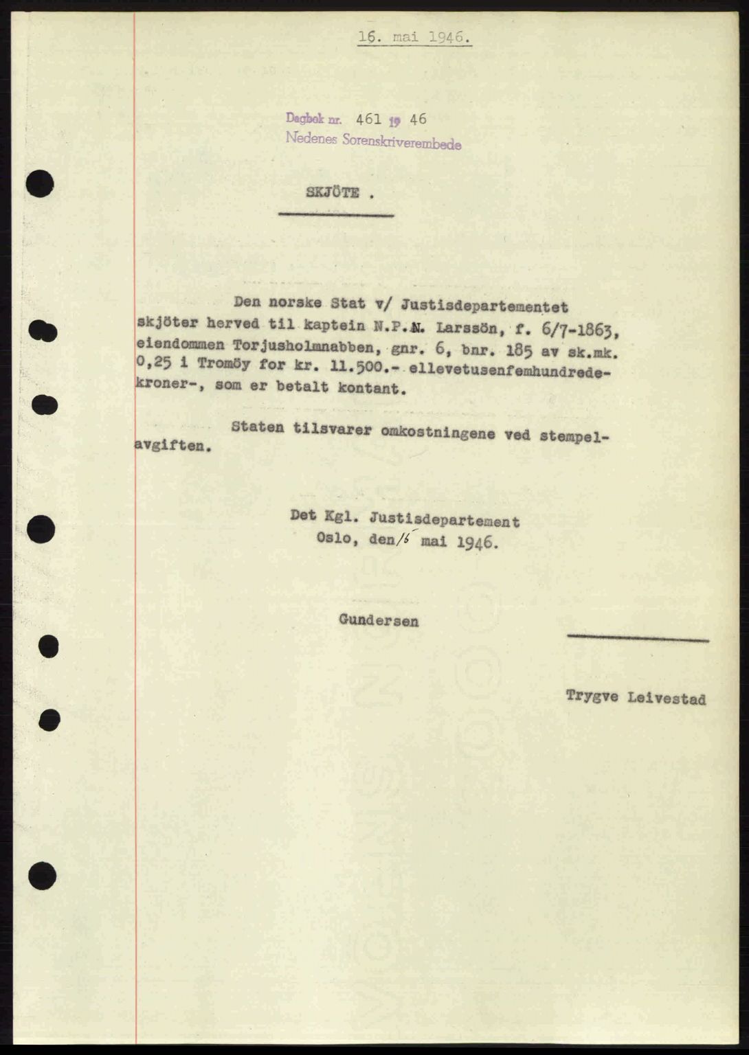 Nedenes sorenskriveri, SAK/1221-0006/G/Gb/Gba/L0054: Mortgage book no. A6c, 1946-1946, Diary no: : 461/1946
