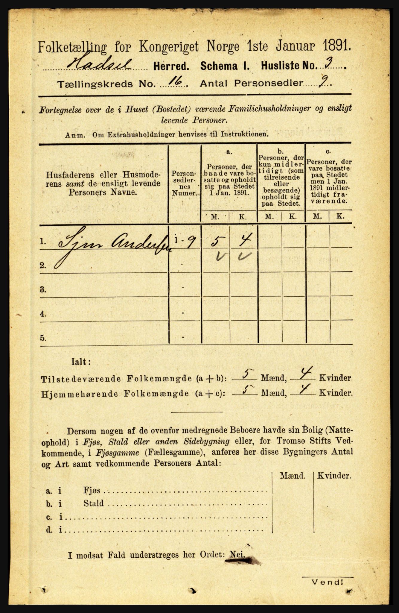 RA, 1891 census for 1866 Hadsel, 1891, p. 7208