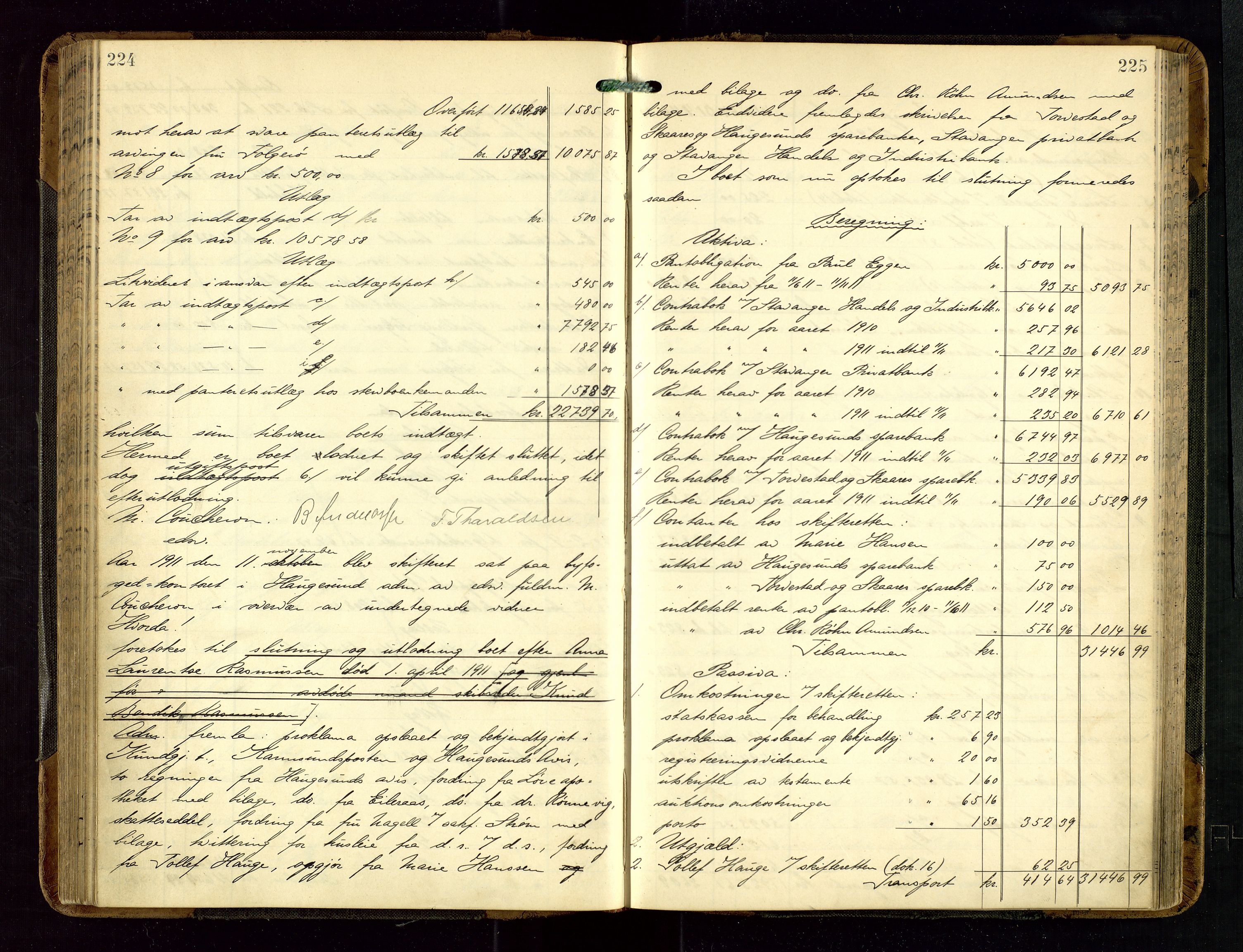 Haugesund tingrett, AV/SAST-A-101415/01/IV/IVD/L0002: Skifteutlodningsprotokoll, med register, 1904-1915, p. 224-225