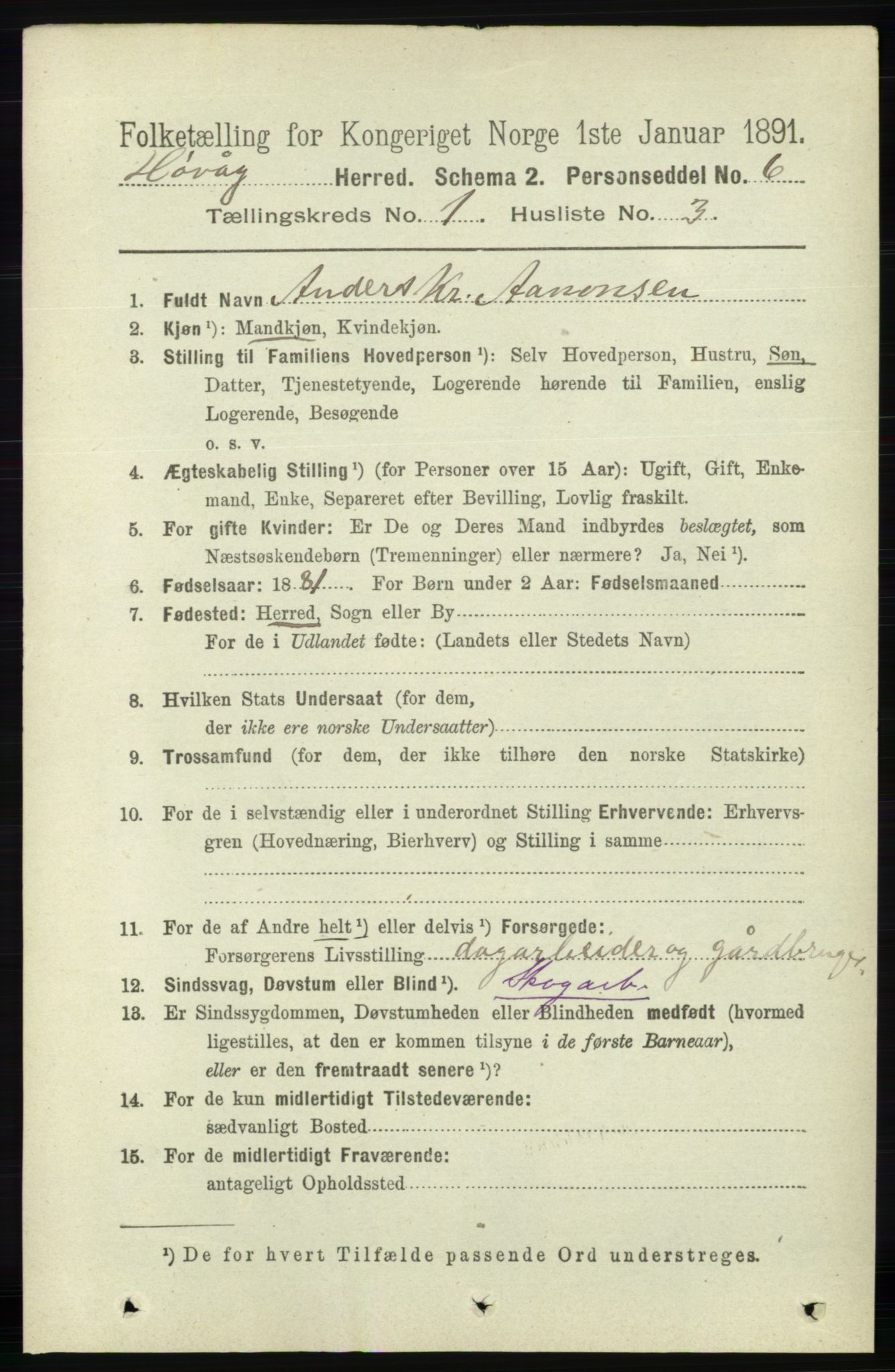 RA, 1891 census for 0927 Høvåg, 1891, p. 102