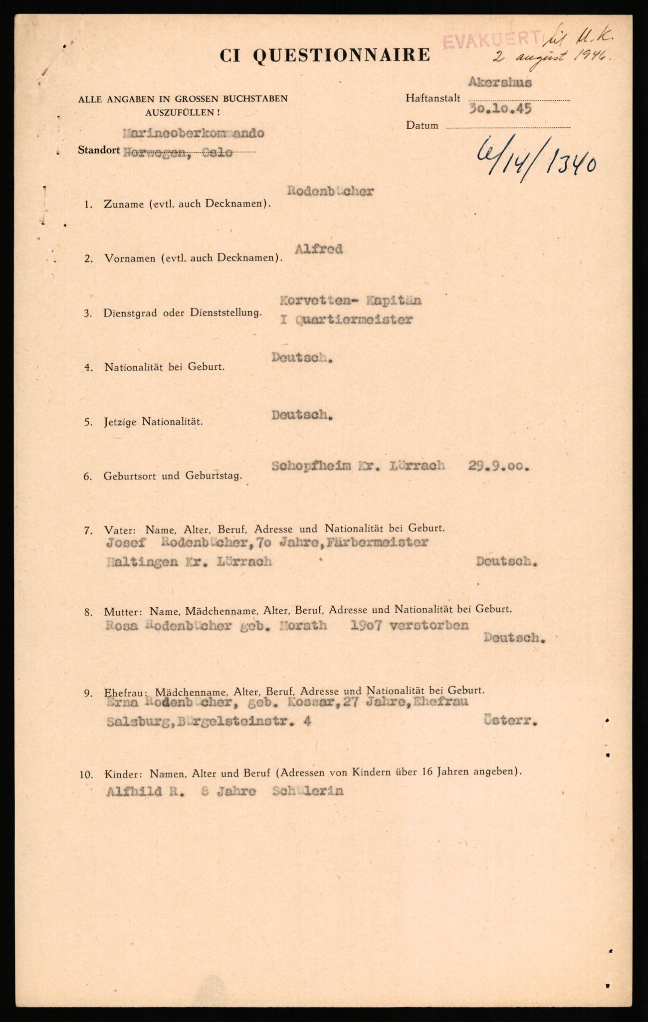 Forsvaret, Forsvarets overkommando II, AV/RA-RAFA-3915/D/Db/L0027: CI Questionaires. Tyske okkupasjonsstyrker i Norge. Tyskere., 1945-1946, p. 476