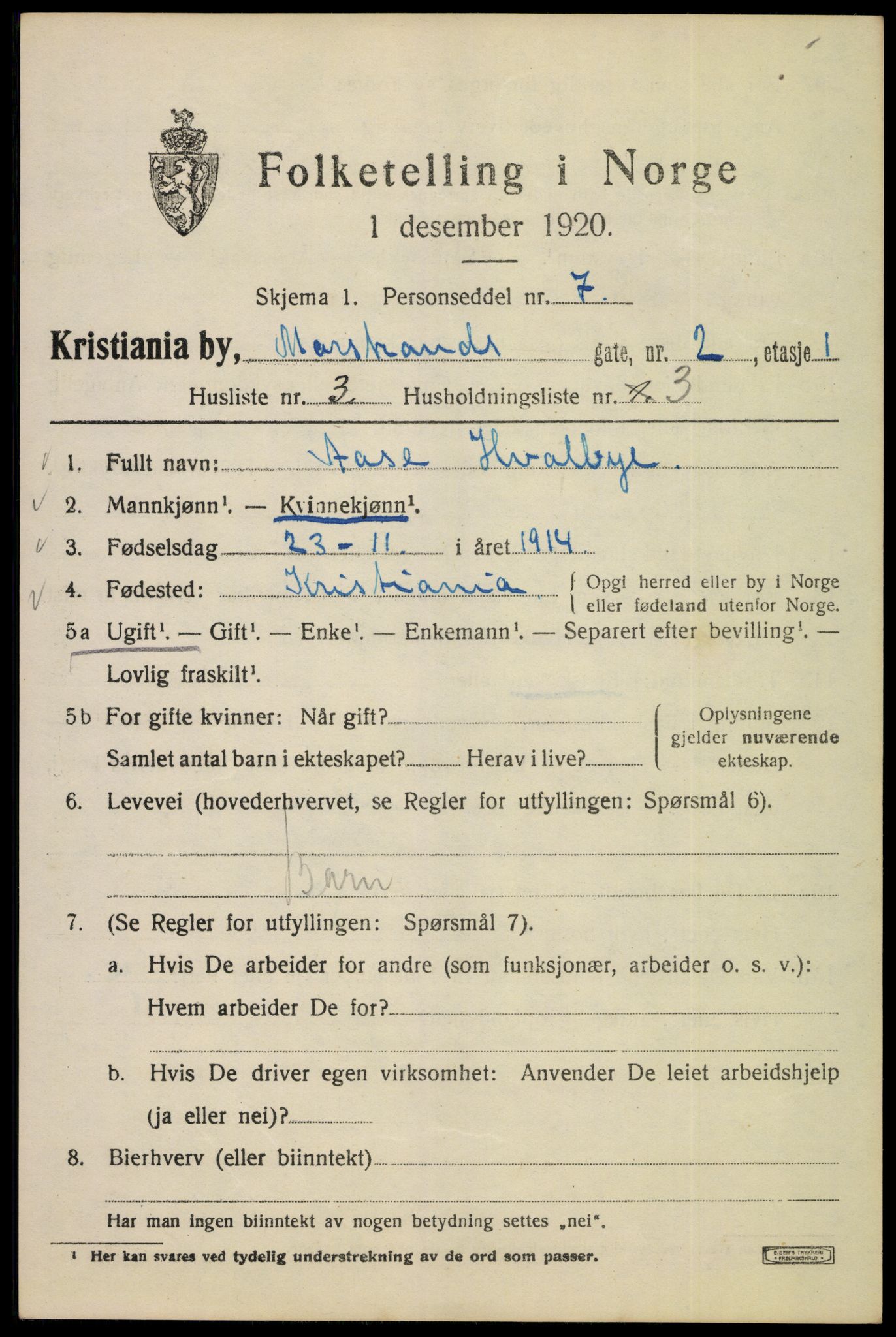 SAO, 1920 census for Kristiania, 1920, p. 392181