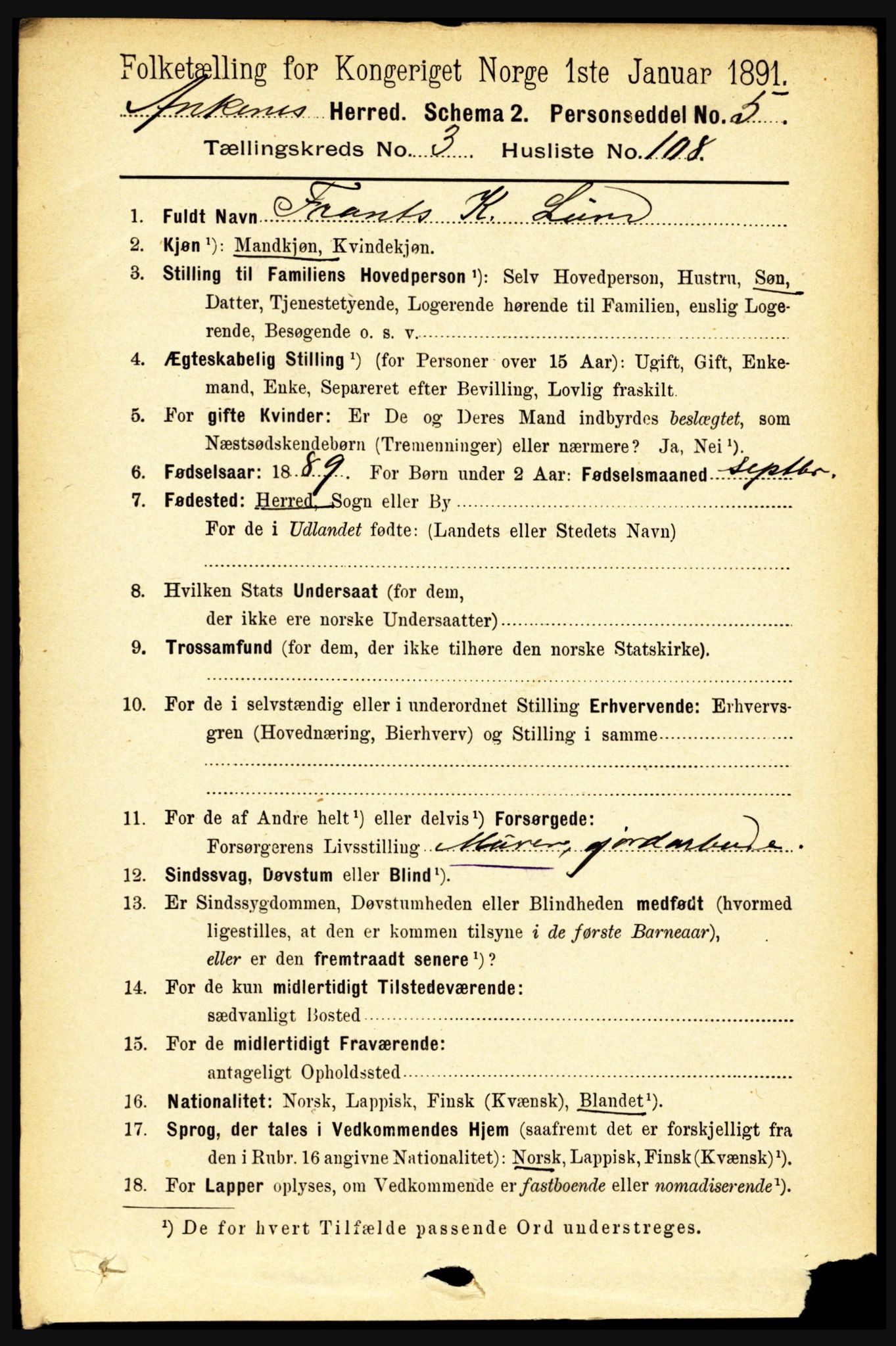 RA, 1891 census for 1855 Ankenes, 1891, p. 2206