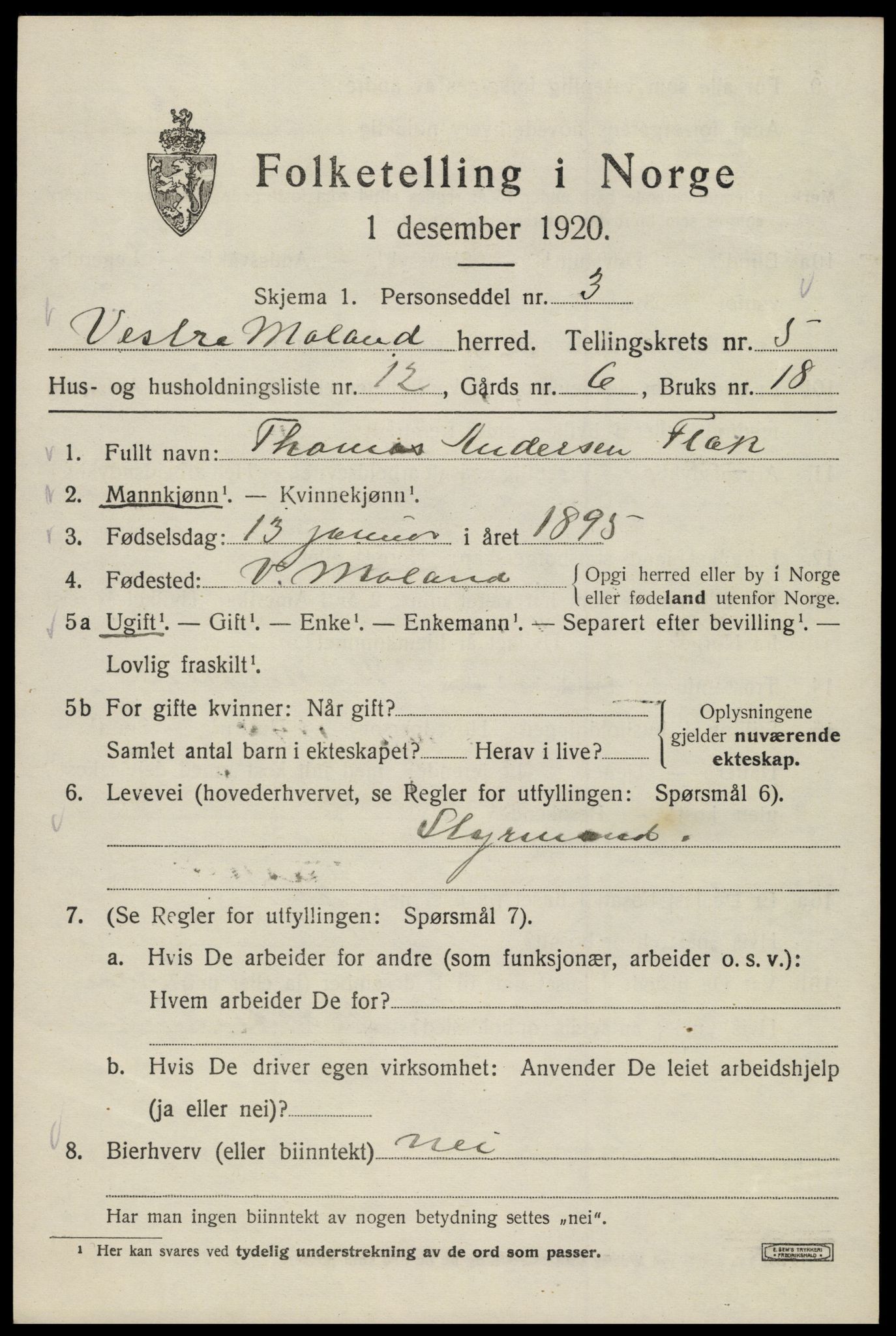 SAK, 1920 census for Vestre Moland, 1920, p. 3911