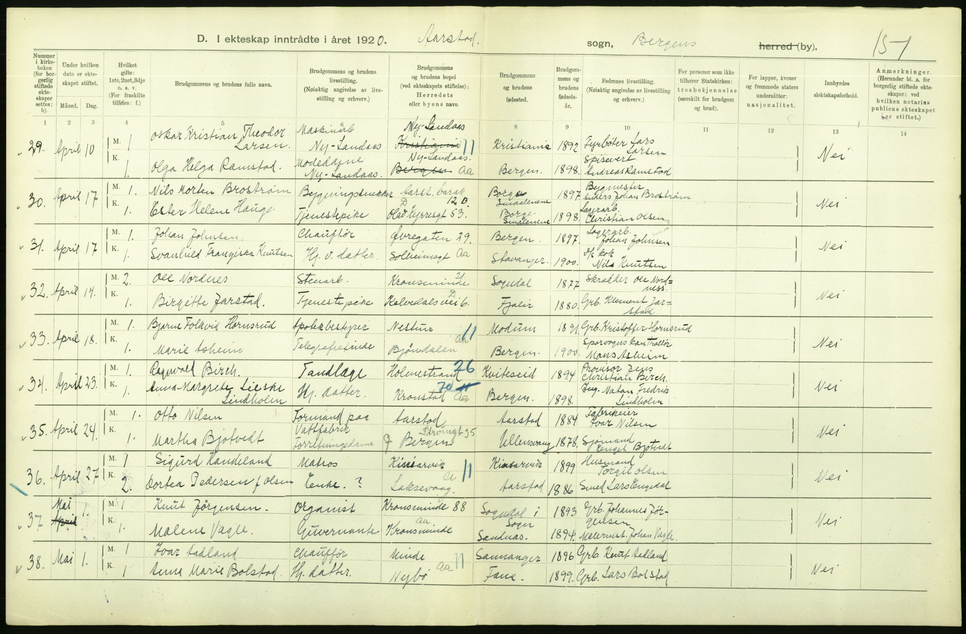 Statistisk sentralbyrå, Sosiodemografiske emner, Befolkning, AV/RA-S-2228/D/Df/Dfb/Dfbj/L0042: Bergen: Gifte, døde, dødfødte., 1920, p. 46