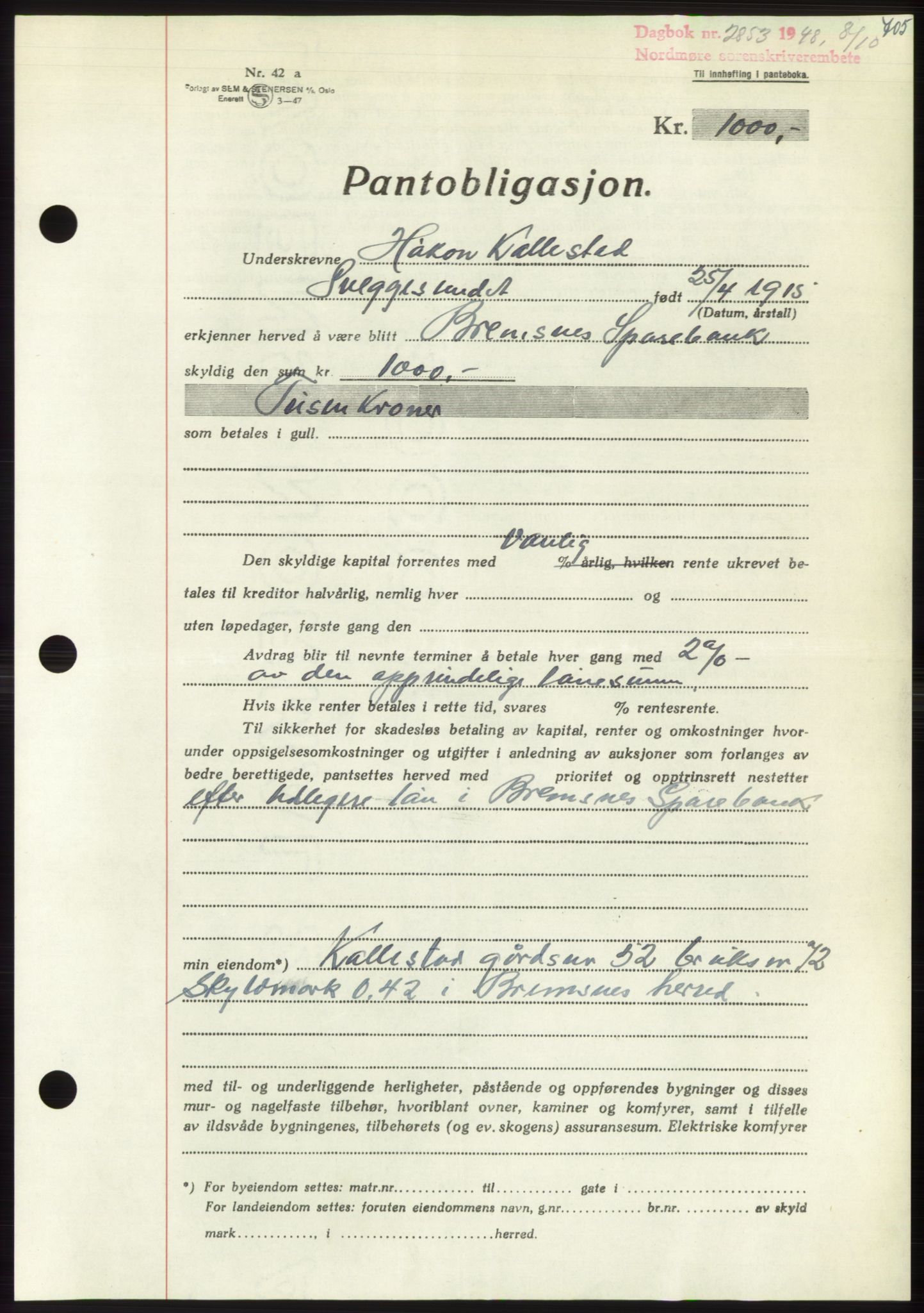 Nordmøre sorenskriveri, AV/SAT-A-4132/1/2/2Ca: Mortgage book no. B99, 1948-1948, Diary no: : 2853/1948