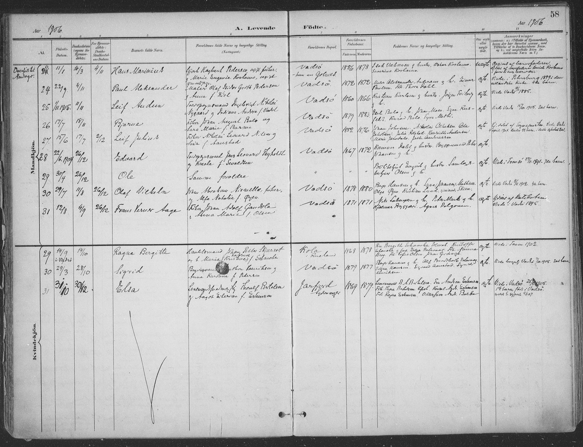 Vadsø sokneprestkontor, SATØ/S-1325/H/Ha/L0007kirke: Parish register (official) no. 7, 1896-1916, p. 58
