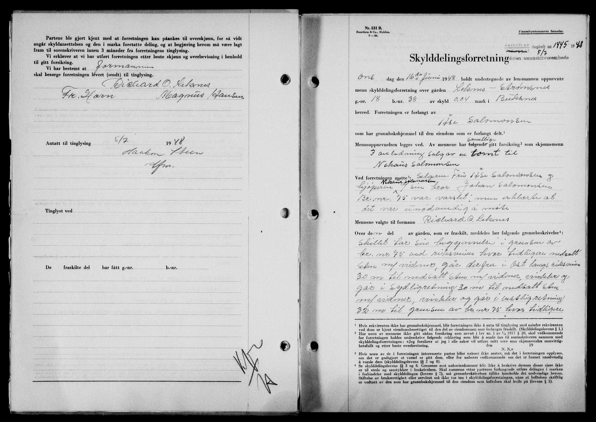 Lofoten sorenskriveri, SAT/A-0017/1/2/2C/L0018a: Mortgage book no. 18a, 1948-1948, Diary no: : 1445/1948