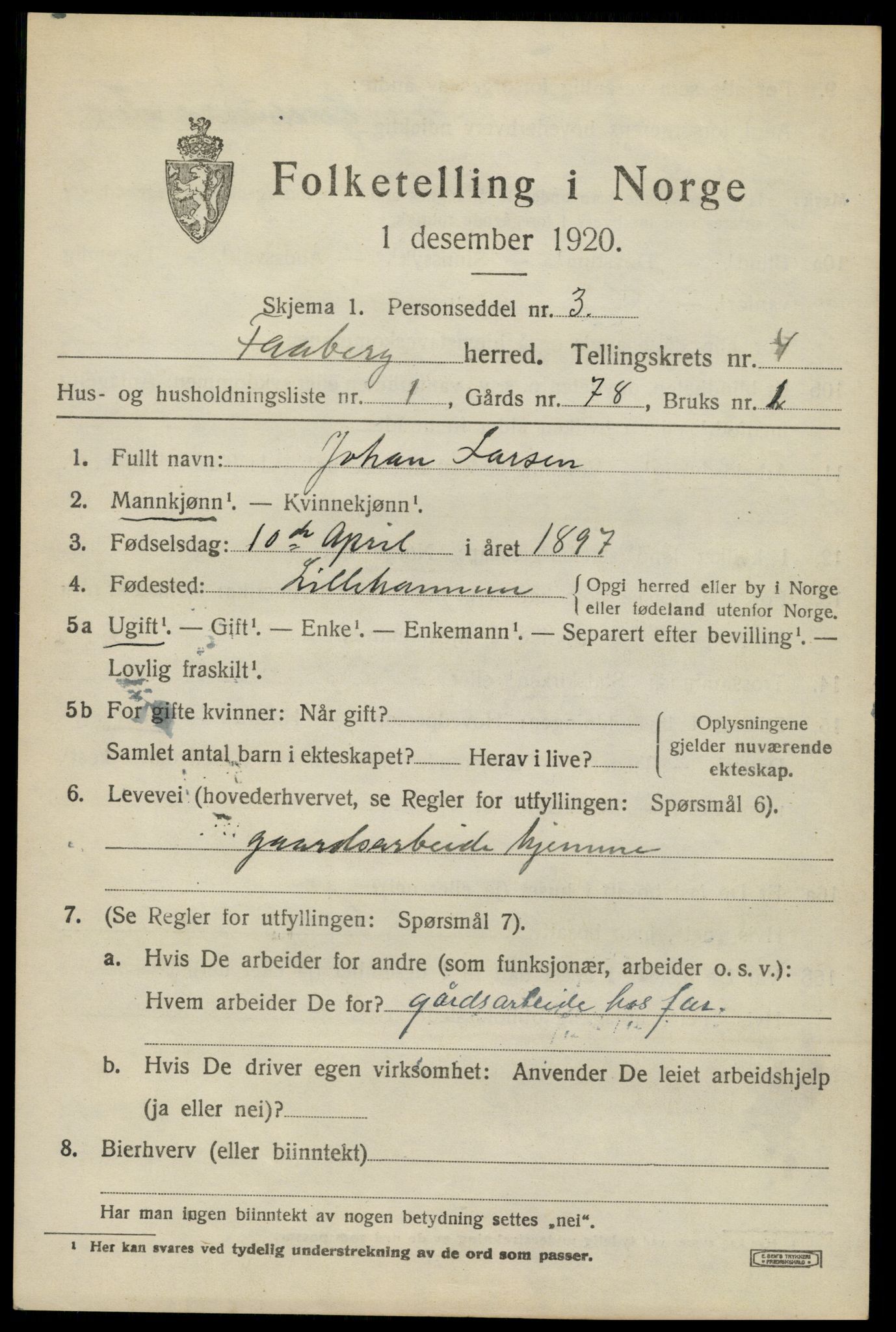 SAH, 1920 census for Fåberg, 1920, p. 4490