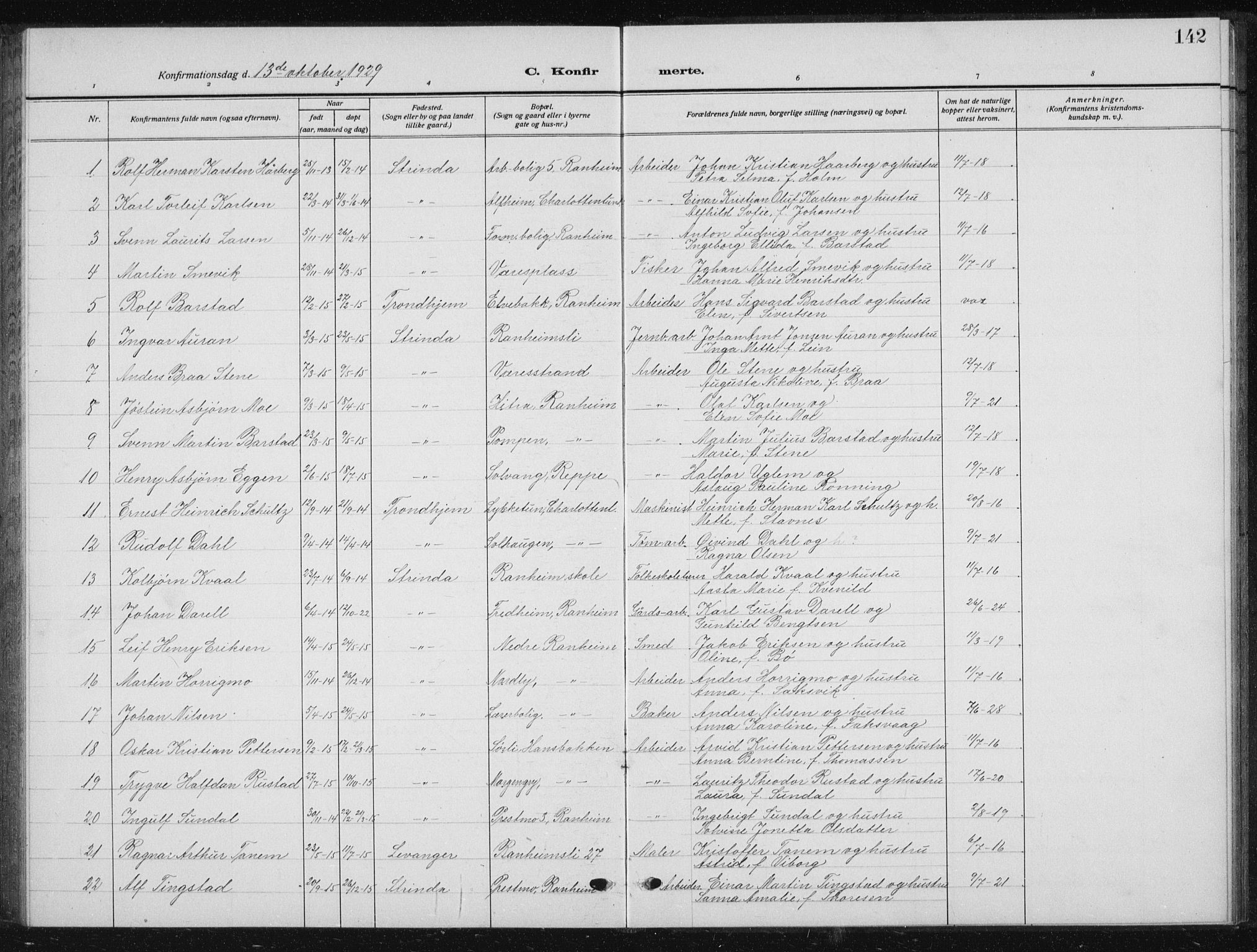 Ministerialprotokoller, klokkerbøker og fødselsregistre - Sør-Trøndelag, SAT/A-1456/615/L0401: Parish register (copy) no. 615C02, 1922-1941, p. 142
