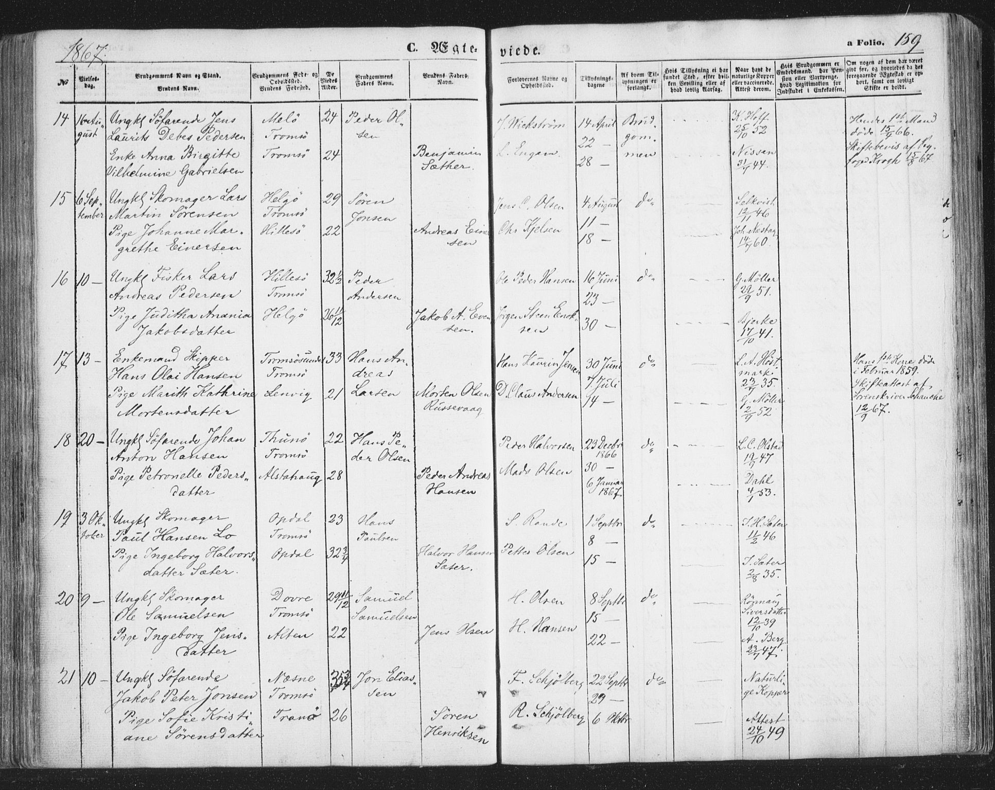 Tromsø sokneprestkontor/stiftsprosti/domprosti, AV/SATØ-S-1343/G/Ga/L0012kirke: Parish register (official) no. 12, 1865-1871, p. 159