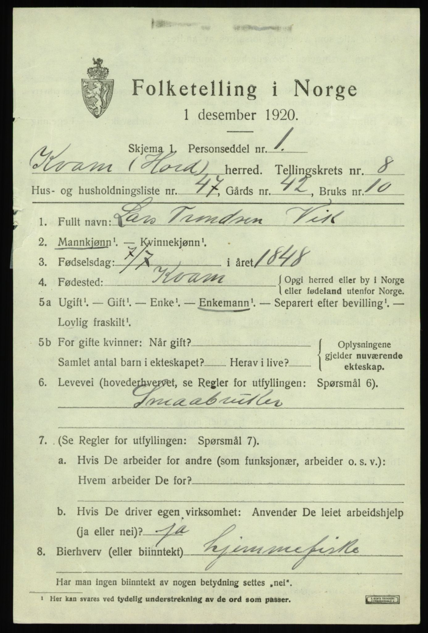 SAB, 1920 census for Kvam, 1920, p. 5639