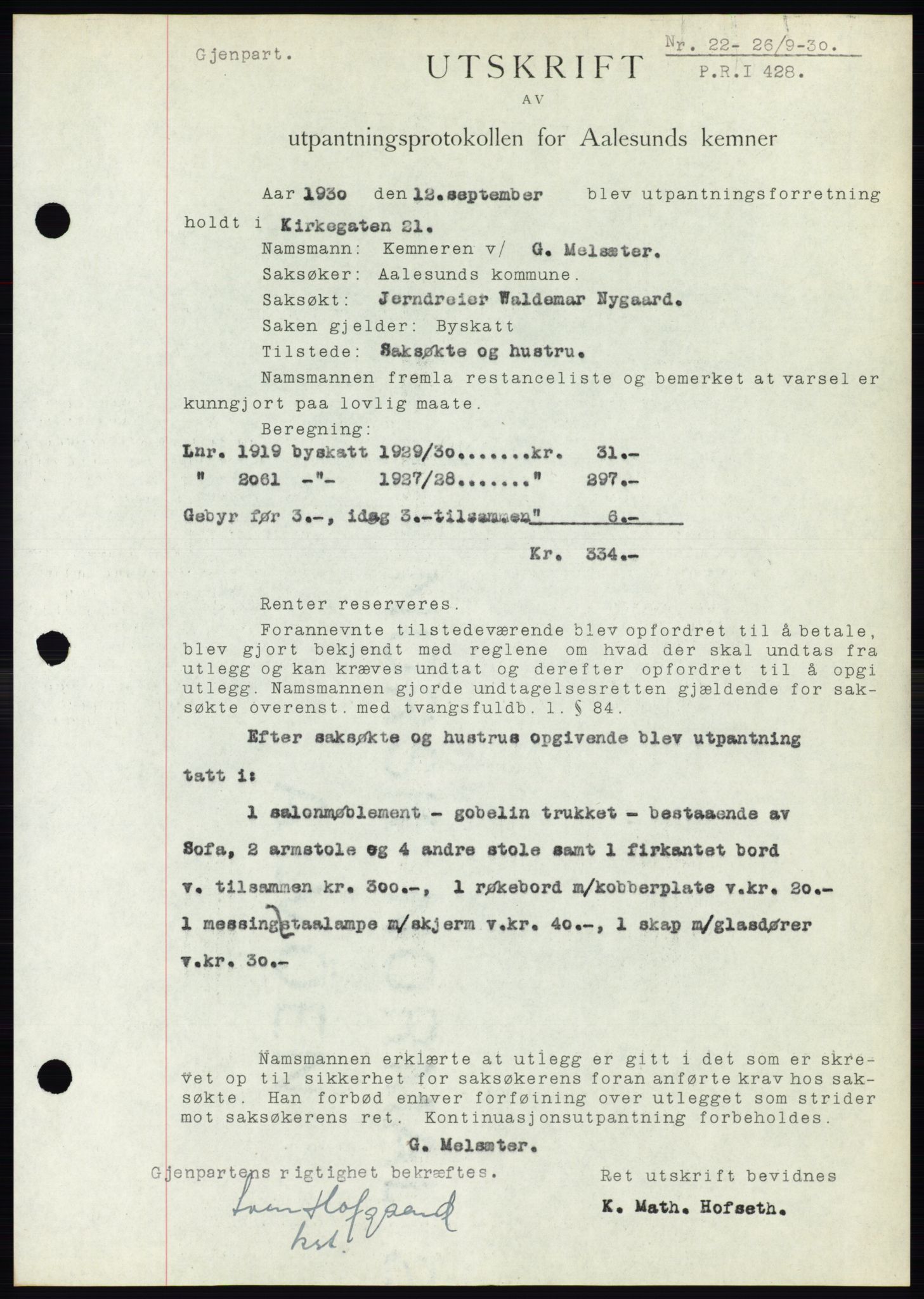 Ålesund byfogd, AV/SAT-A-4384: Mortgage book no. 26, 1930-1930, Deed date: 26.09.1930