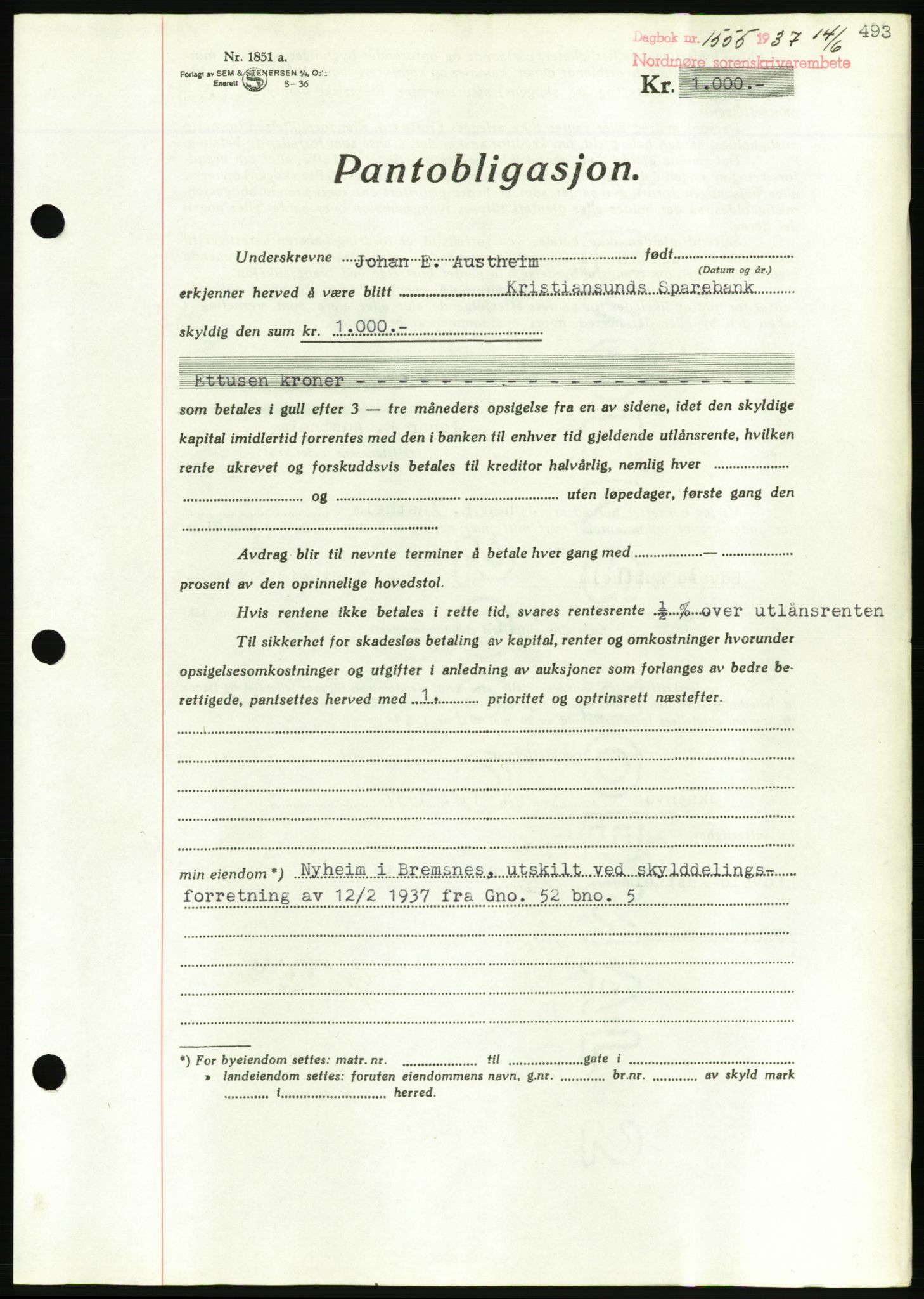 Nordmøre sorenskriveri, AV/SAT-A-4132/1/2/2Ca/L0091: Mortgage book no. B81, 1937-1937, Diary no: : 1555/1937