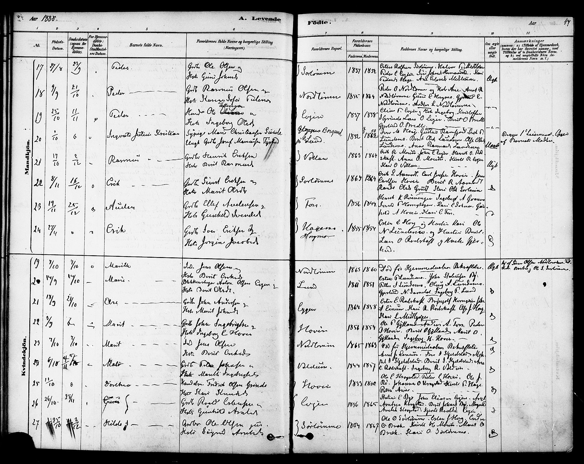 Ministerialprotokoller, klokkerbøker og fødselsregistre - Sør-Trøndelag, SAT/A-1456/692/L1105: Parish register (official) no. 692A05, 1878-1890, p. 44
