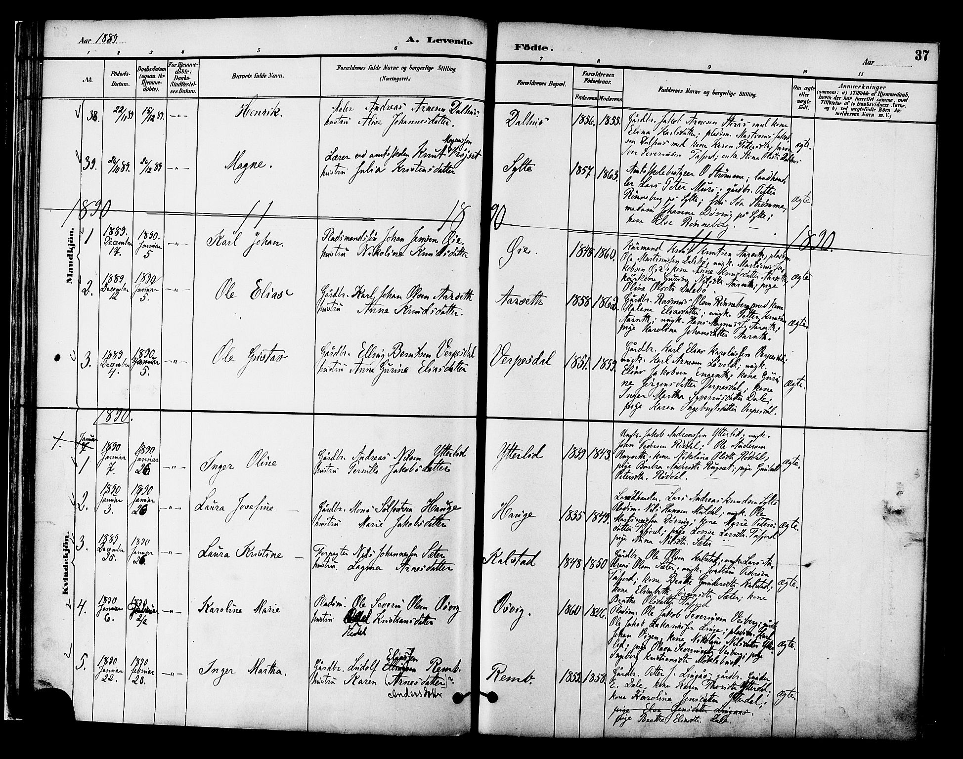 Ministerialprotokoller, klokkerbøker og fødselsregistre - Møre og Romsdal, SAT/A-1454/519/L0255: Parish register (official) no. 519A14, 1884-1908, p. 37