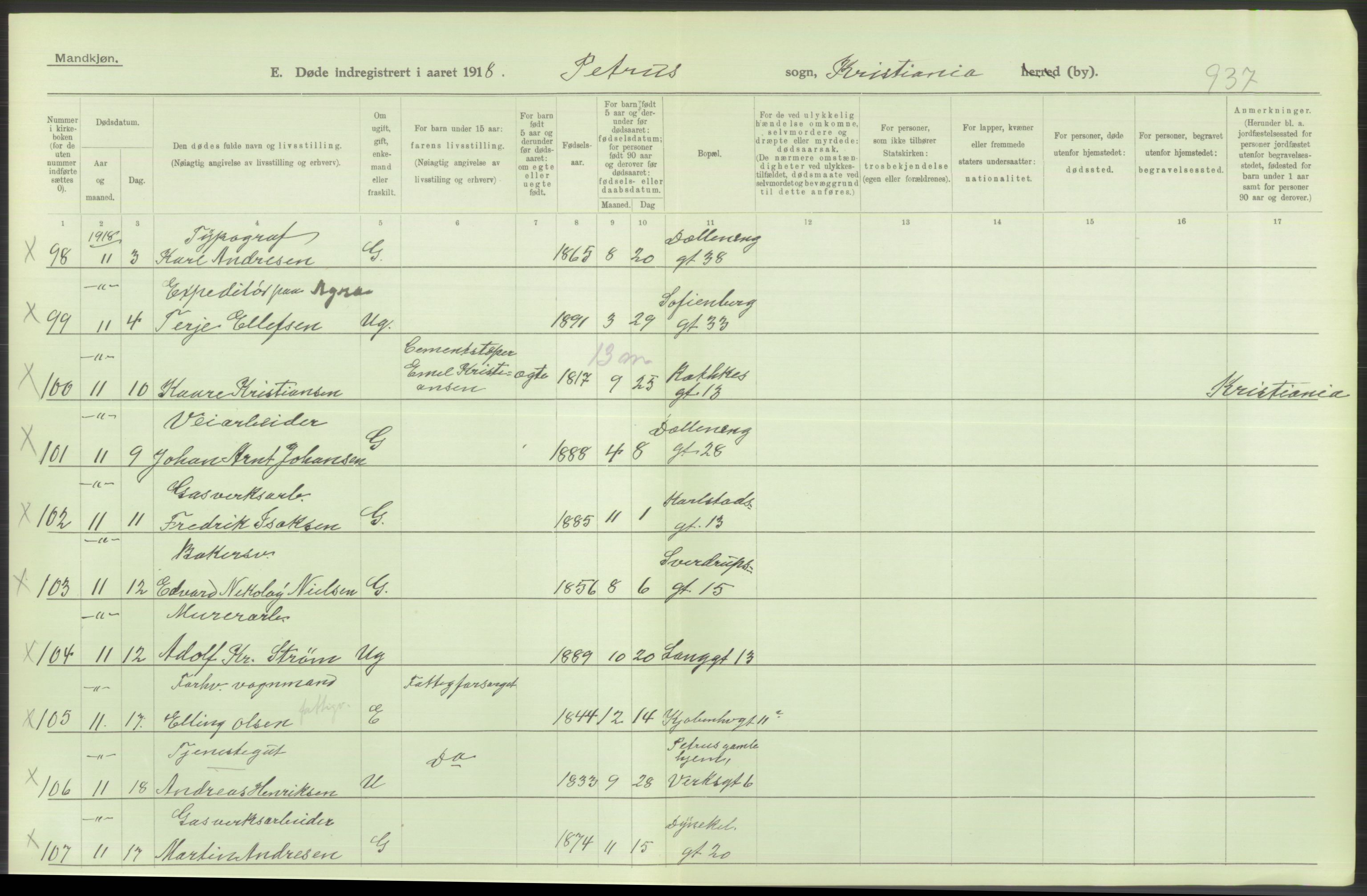 Statistisk sentralbyrå, Sosiodemografiske emner, Befolkning, AV/RA-S-2228/D/Df/Dfb/Dfbh/L0010: Kristiania: Døde, 1918, p. 584